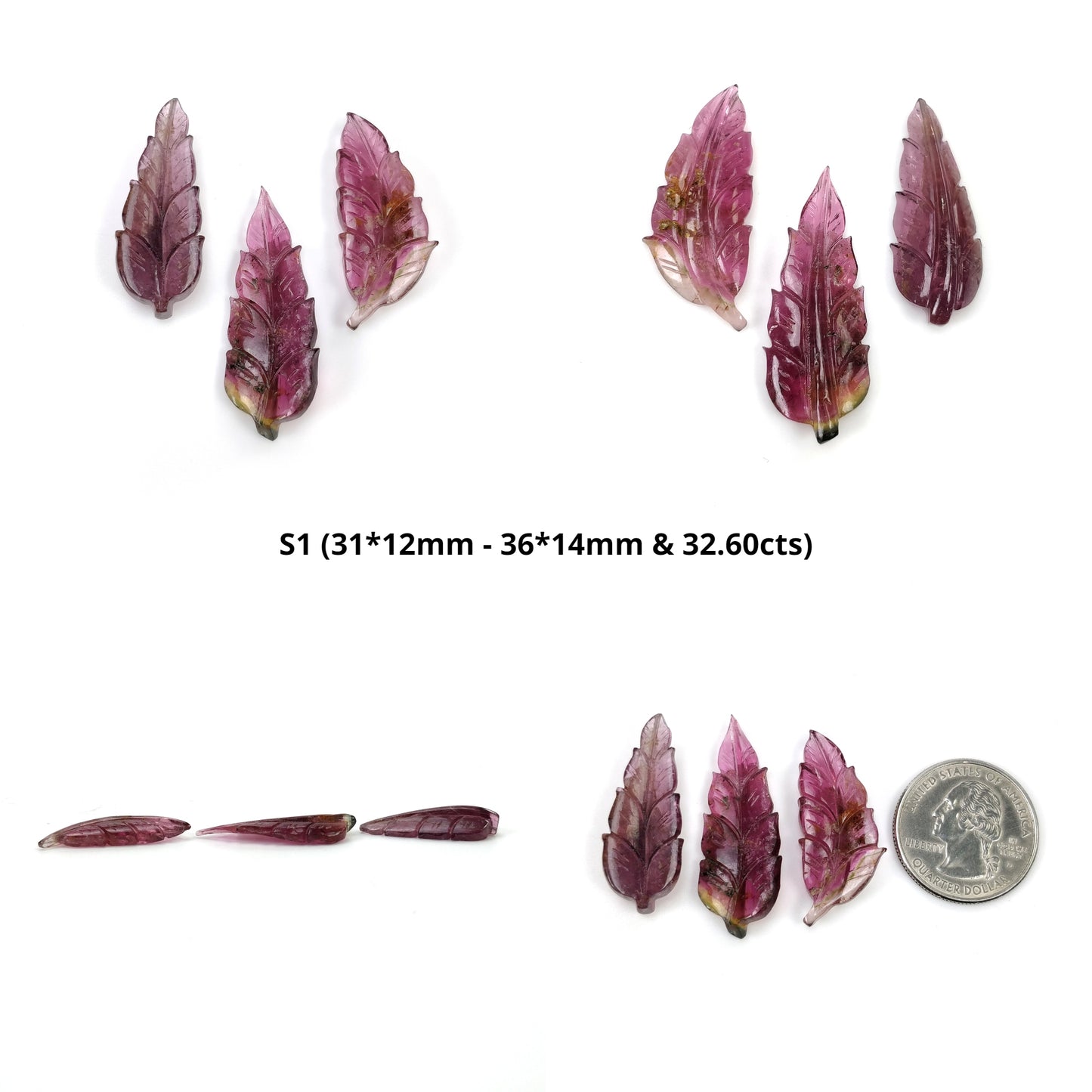 Watermelon TOURMALINE Gemstone Carving : Natural Untreated Unheated Bi-Color Tourmaline Hand Carved Leaf Set