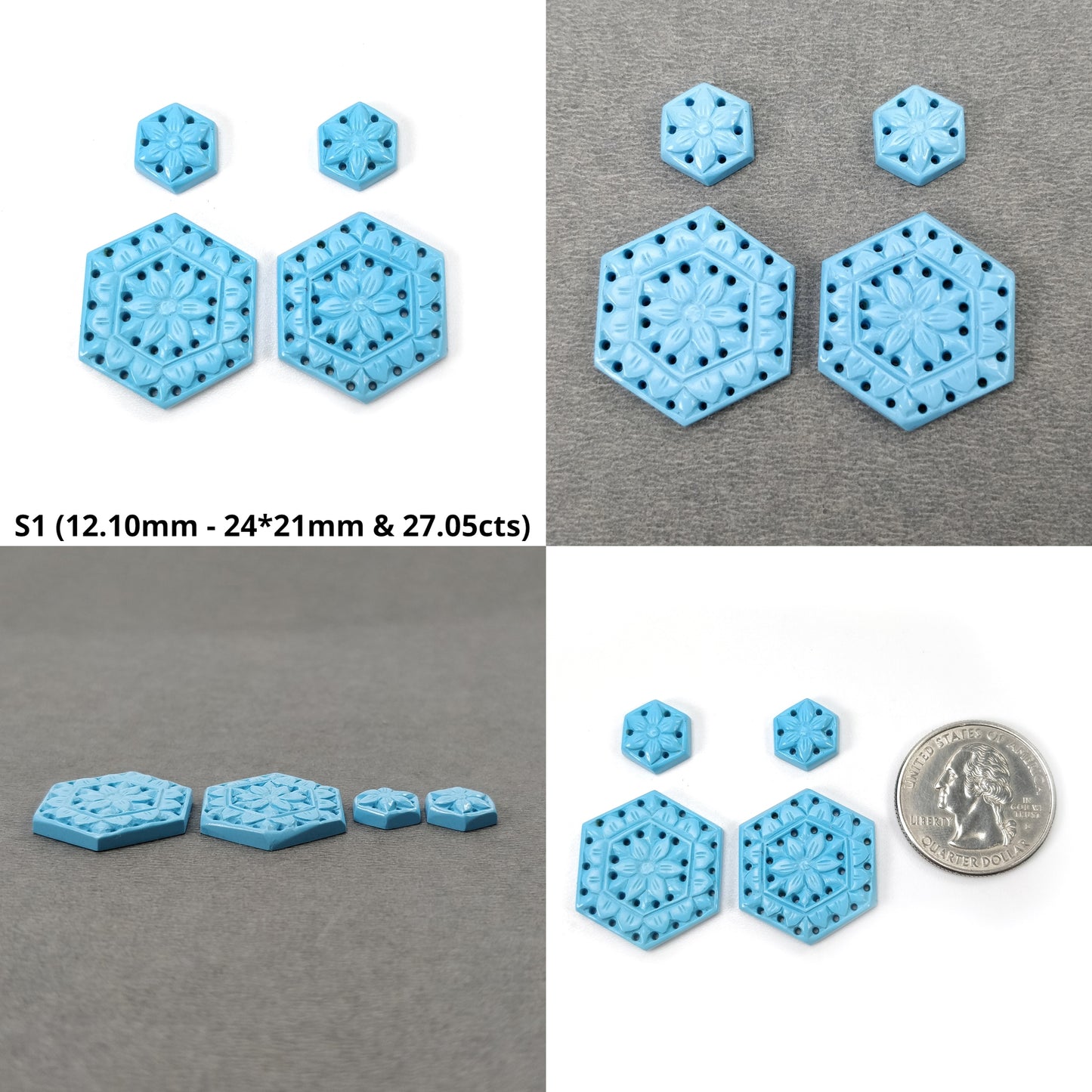 Simulant Turquoise & Milky Onyx Gemstone Carving : Natural Onyx And Turquoise Hand Carved Hexagon Oval Shape 4pcs Set