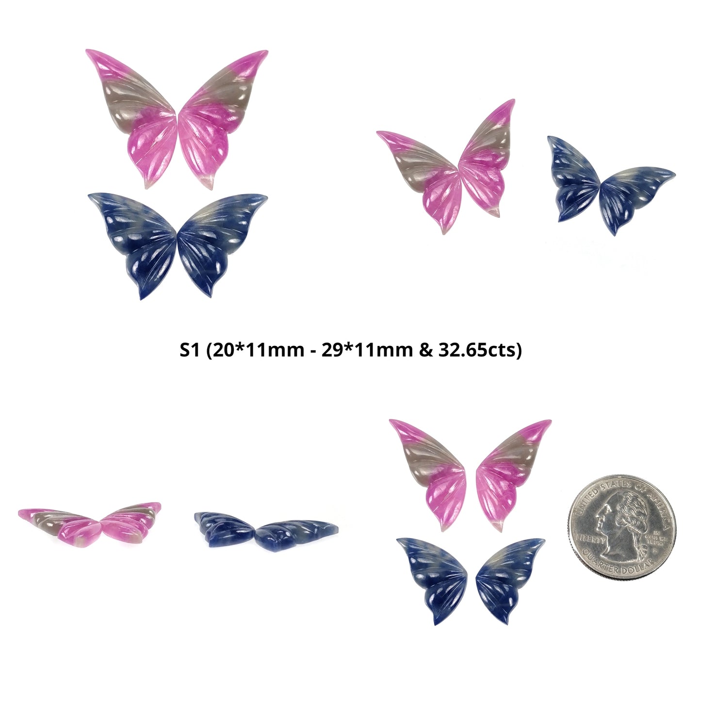 MULTI SAPPHIRE Gemstone Carving : Natural Untreated Bi-Color Sapphire Hand Carved Butterfly 2pairs Set