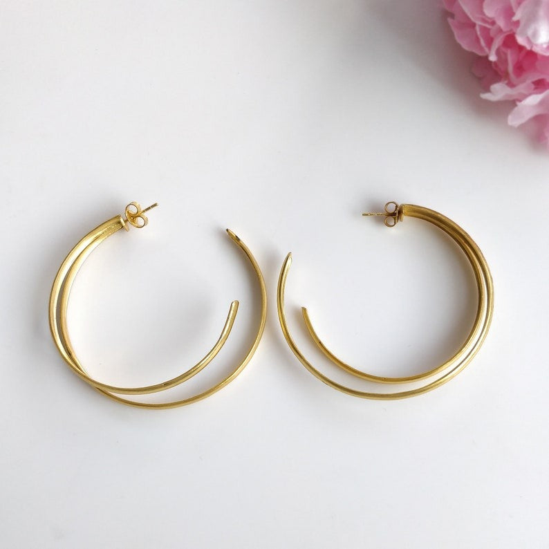 Handmade Brass Earring : 2.25" 18k Gold Plated 10.55GMS Brass Boho Style Large Dainty Hoop Push Back Earring Gift For Her