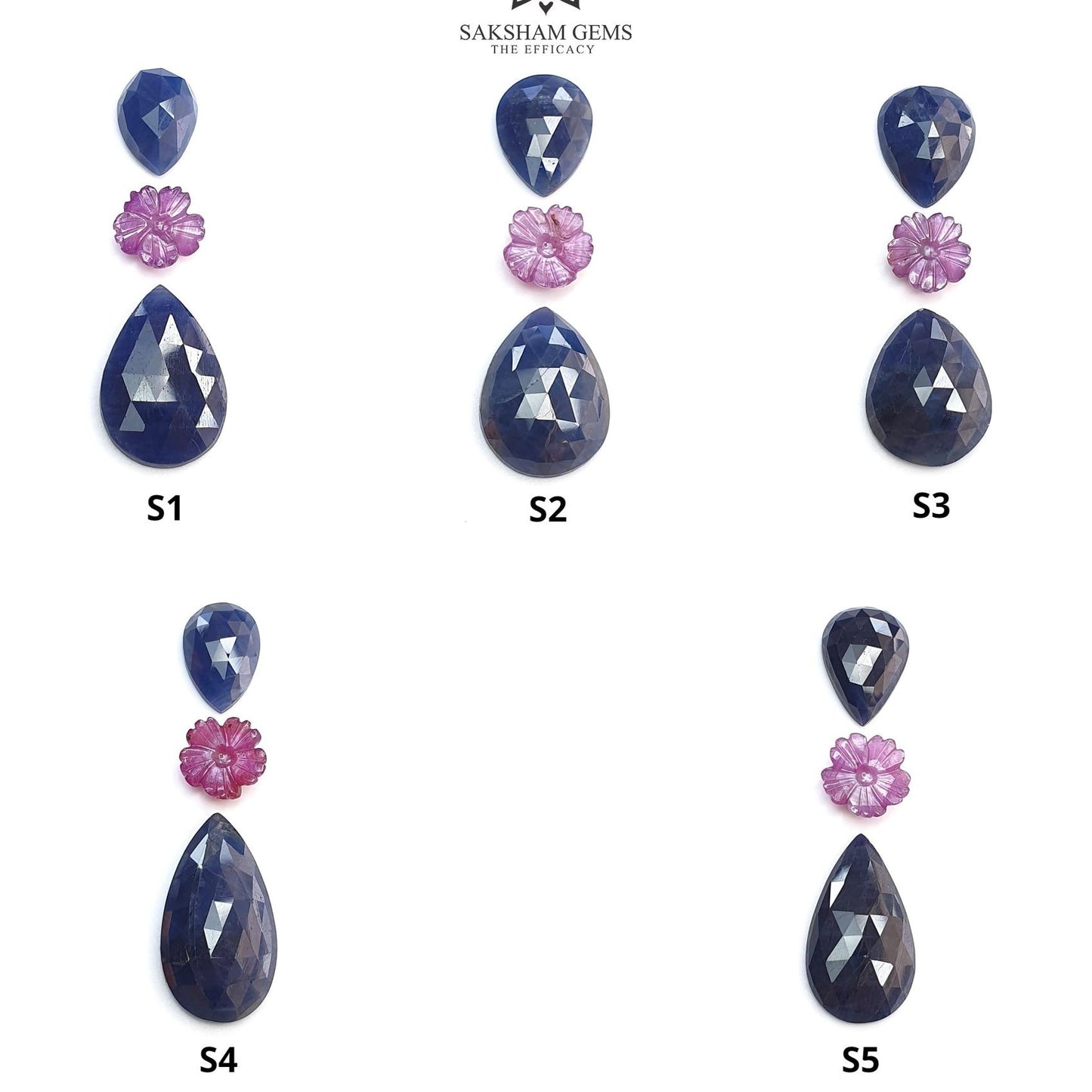 Blue & Pink Sapphire Gemstone Rose Cut And Carving : Natural Untreated Unheated Sapphire Round Flower With Pear Shape 3pcs Sets