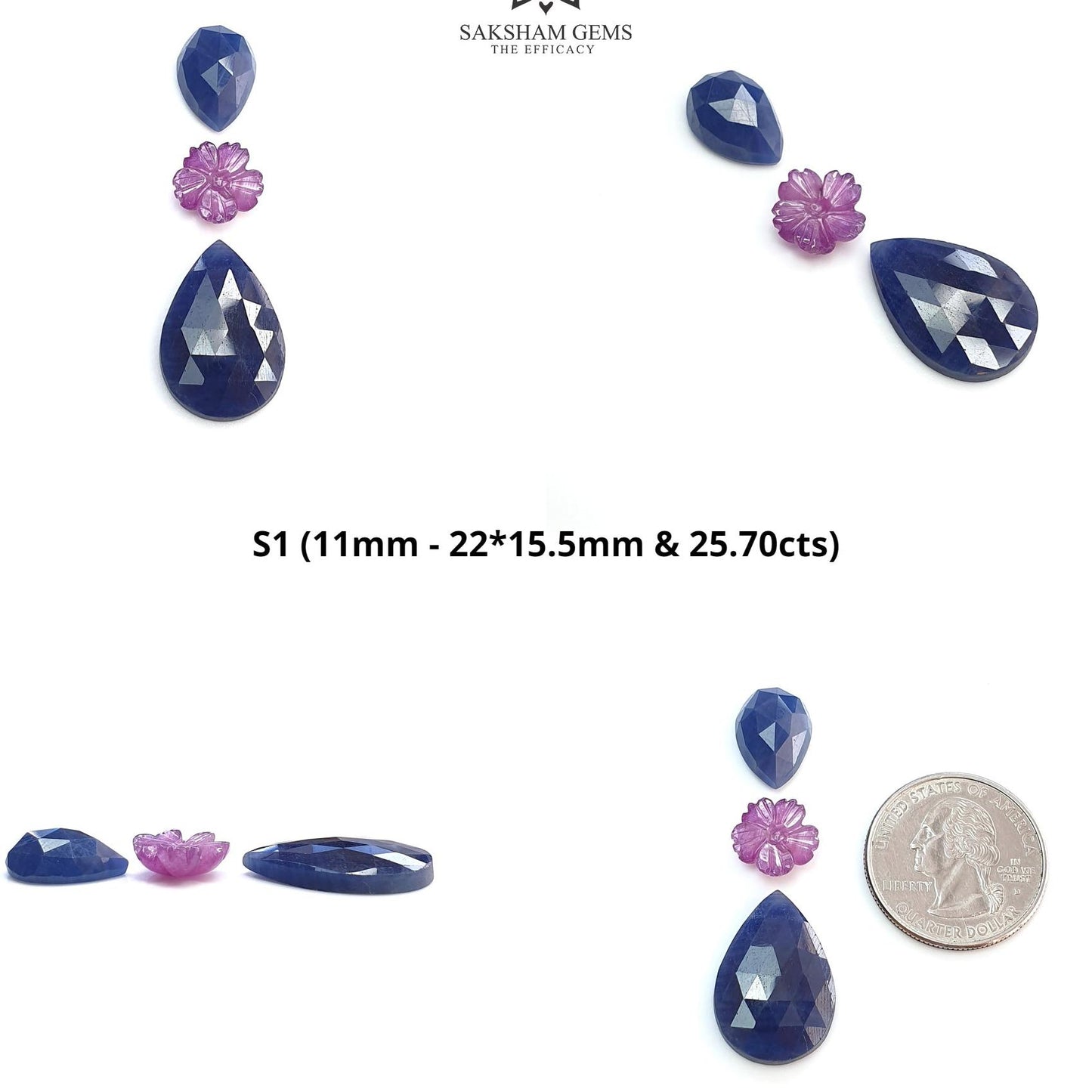 Blue & Pink Sapphire Gemstone Rose Cut And Carving : Natural Untreated Unheated Sapphire Round Flower With Pear Shape 3pcs Sets
