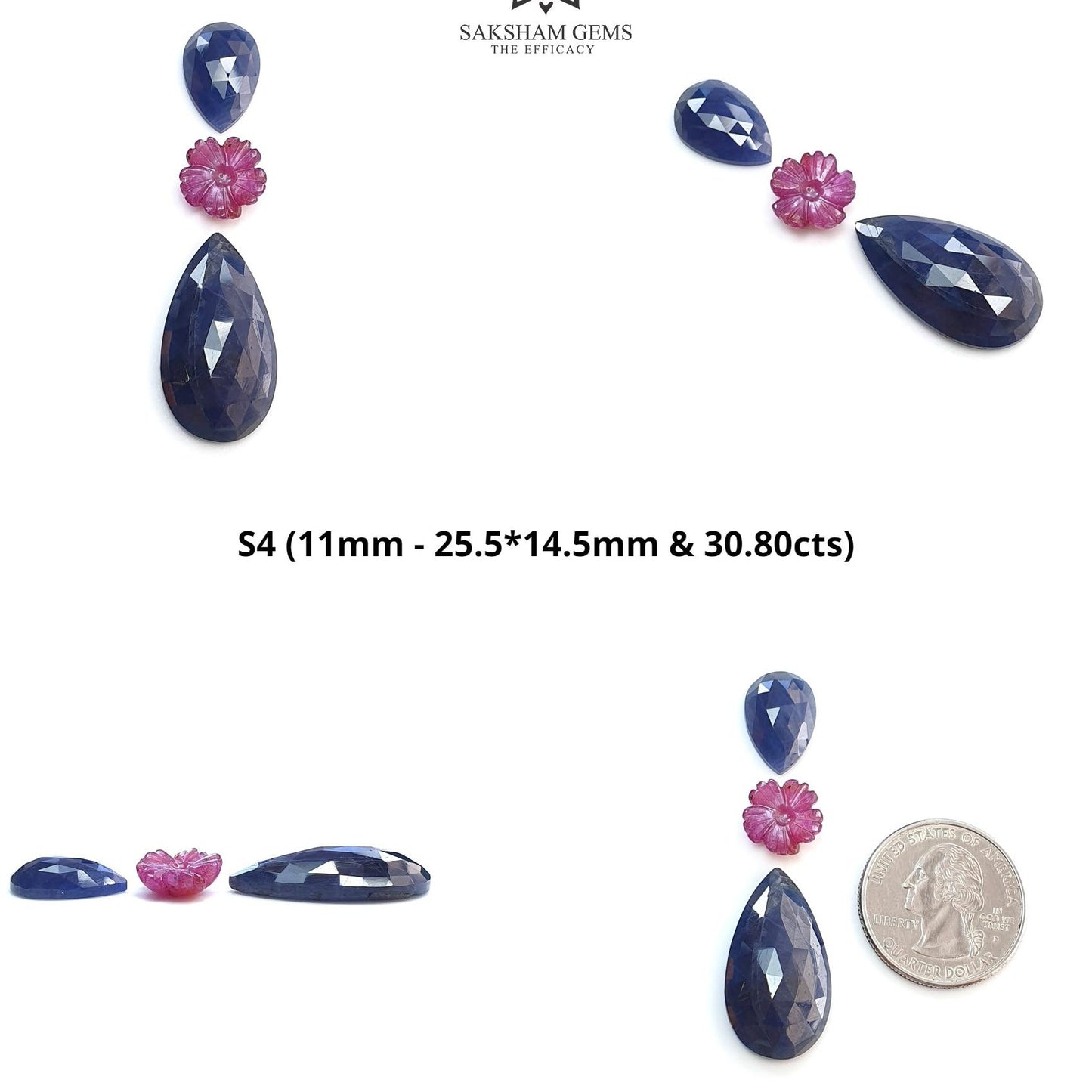 Blue & Pink Sapphire Gemstone Rose Cut And Carving : Natural Untreated Unheated Sapphire Round Flower With Pear Shape 3pcs Sets