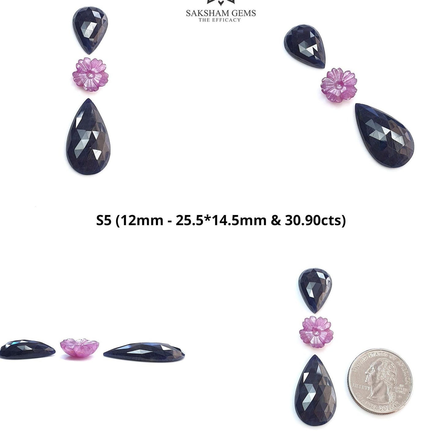 Blue & Pink Sapphire Gemstone Rose Cut And Carving : Natural Untreated Unheated Sapphire Round Flower With Pear Shape 3pcs Sets
