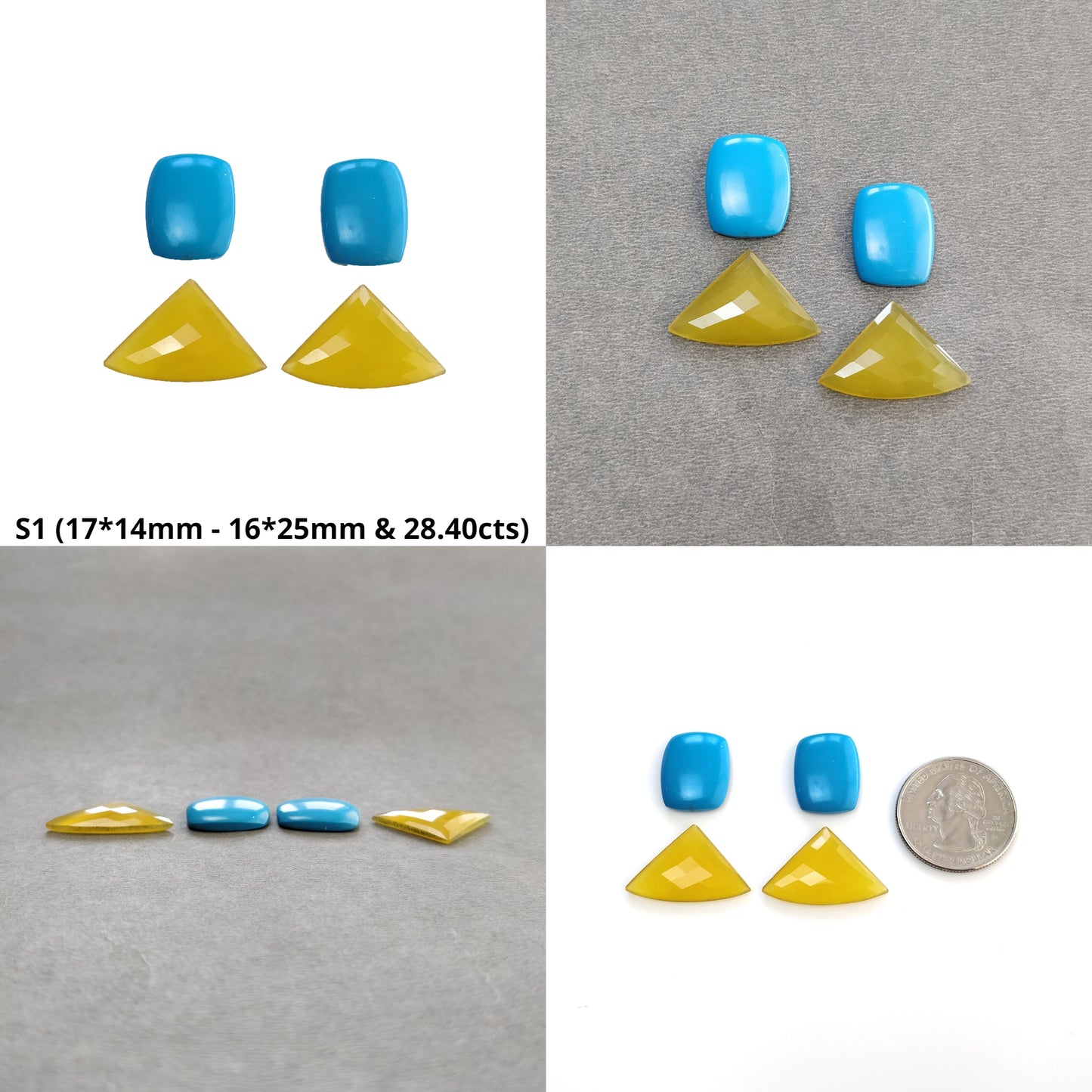 Yellow Onyx Synthetic Turquoise & Hematite Gemstone Checker Rose Cut : Natural Round Oval Cushion And Triangle Shape 4pcs
