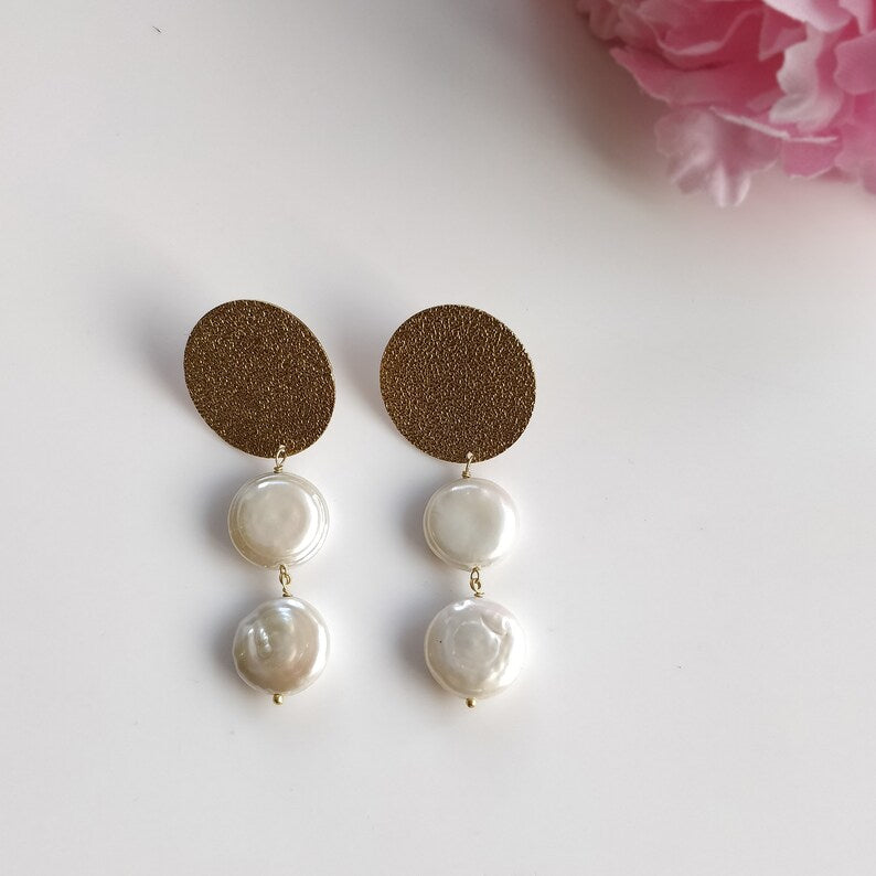 Pearl Enameling Gemstone Brass Earring : 2"*0.75" Handmade 18k Gold Plated 8.00gm Boho Style Round Shape Push Back Drop Dangle Earring