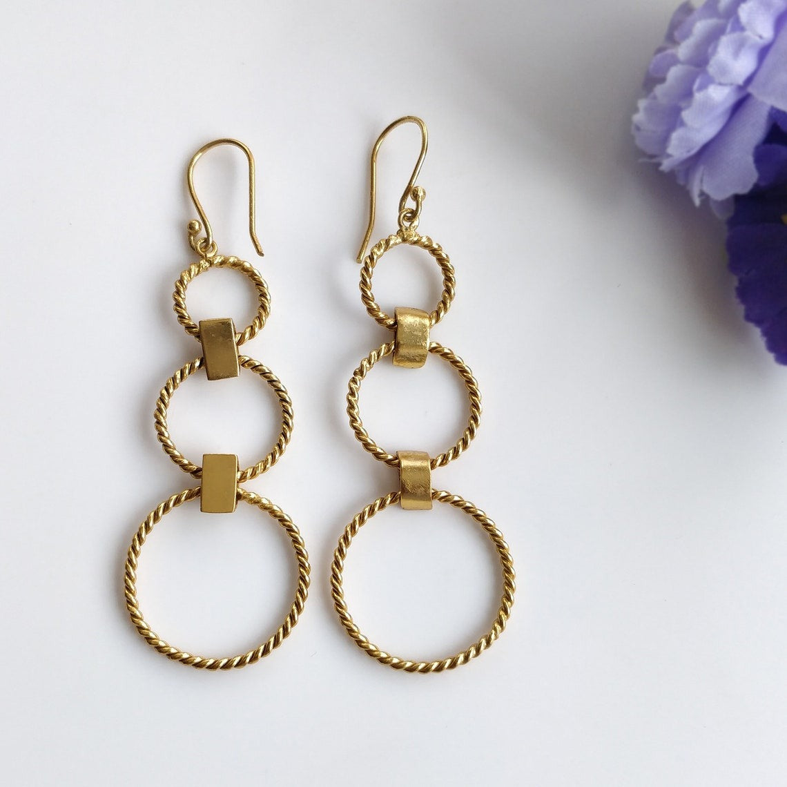 Handmade Brass Earring : 2.75" 18k Gold Plated 6.45gms Brass Boho Style Twisted Circle Design Drop Dangle Hook Earring Gift For Her