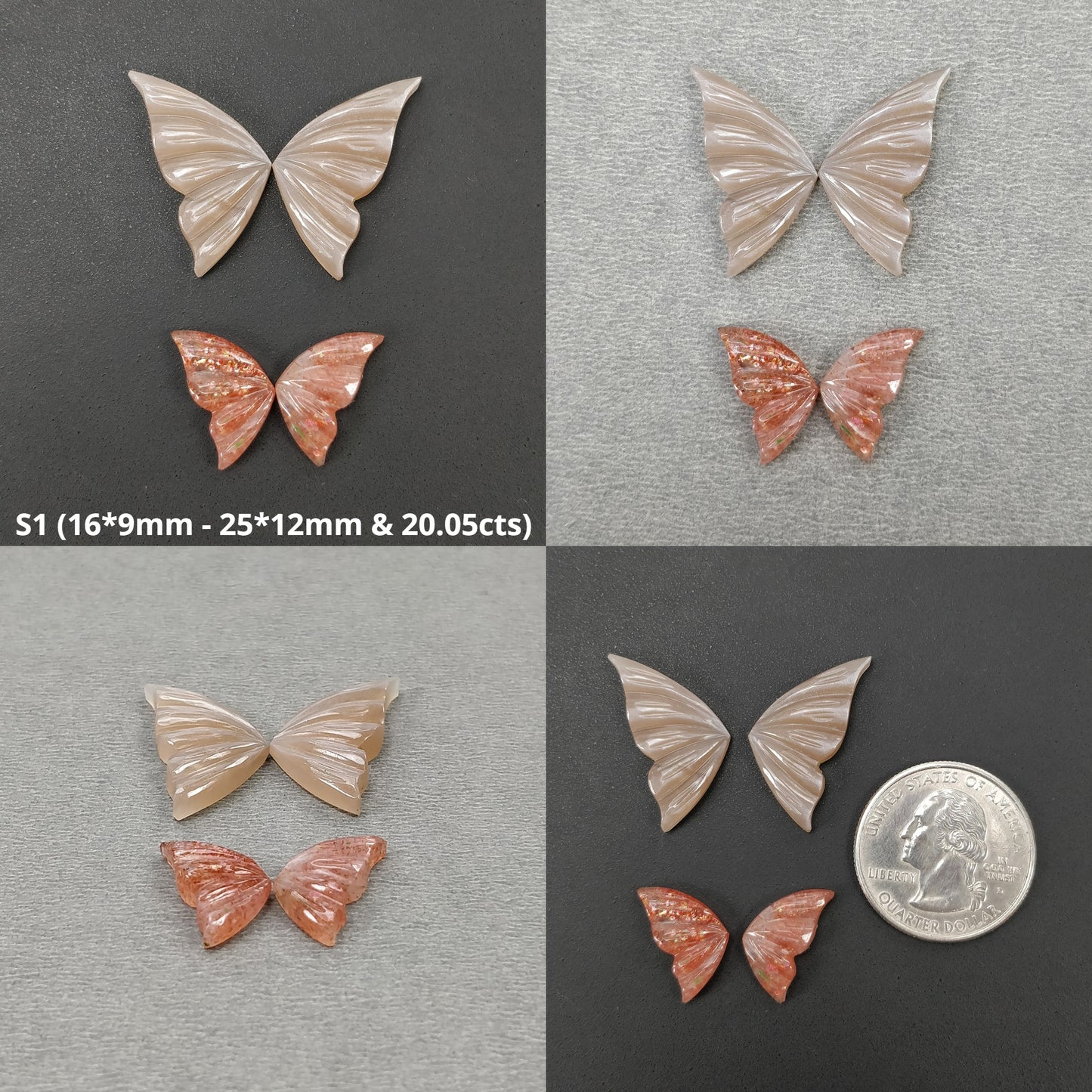 Orange Sunstone & Peach Moonstone Gemstone Carving : Natural Untreated Unheated Hand Carved Butterfly 2 Pair Set
