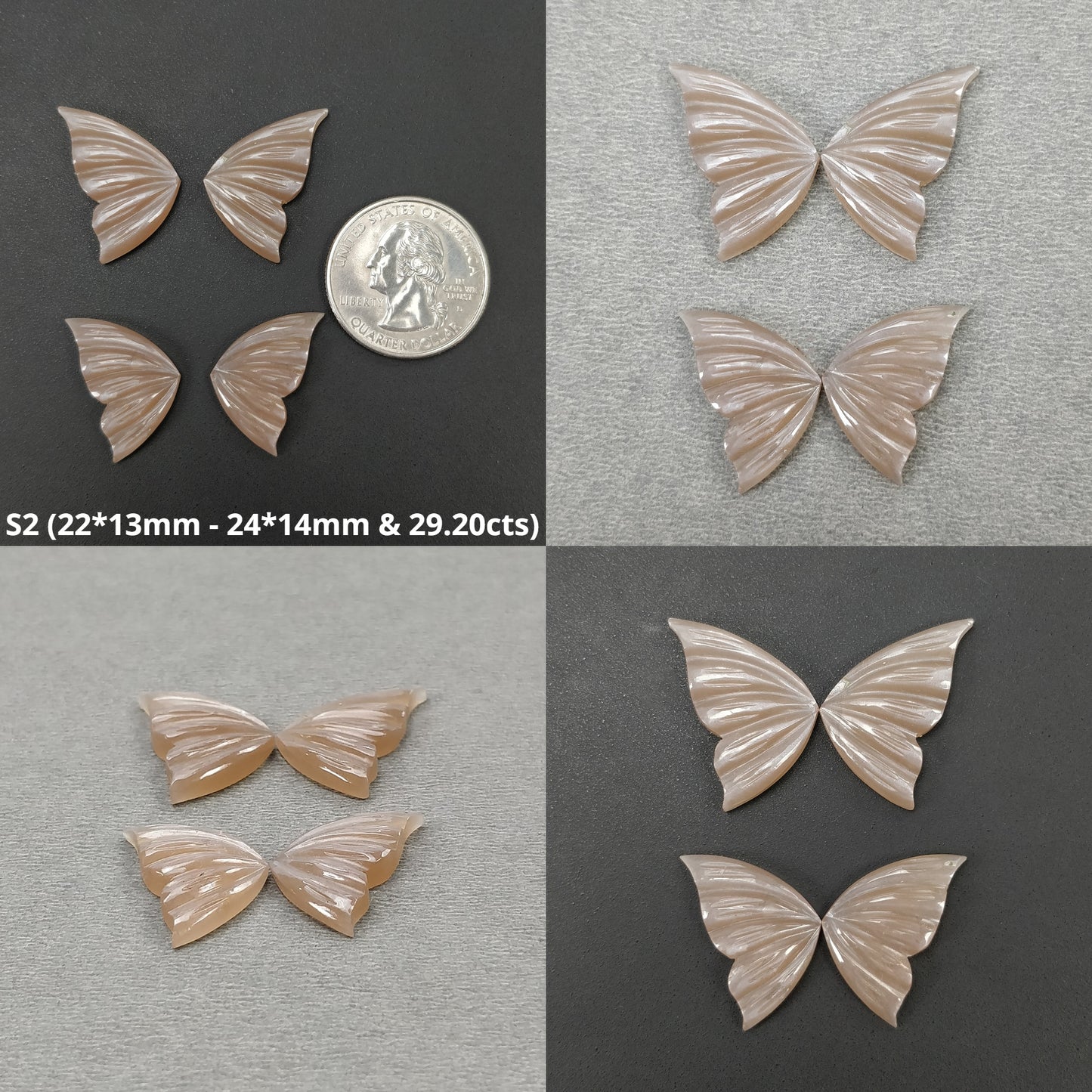Orange Sunstone & Peach Moonstone Gemstone Carving : Natural Untreated Unheated Hand Carved Butterfly 2 Pair Set