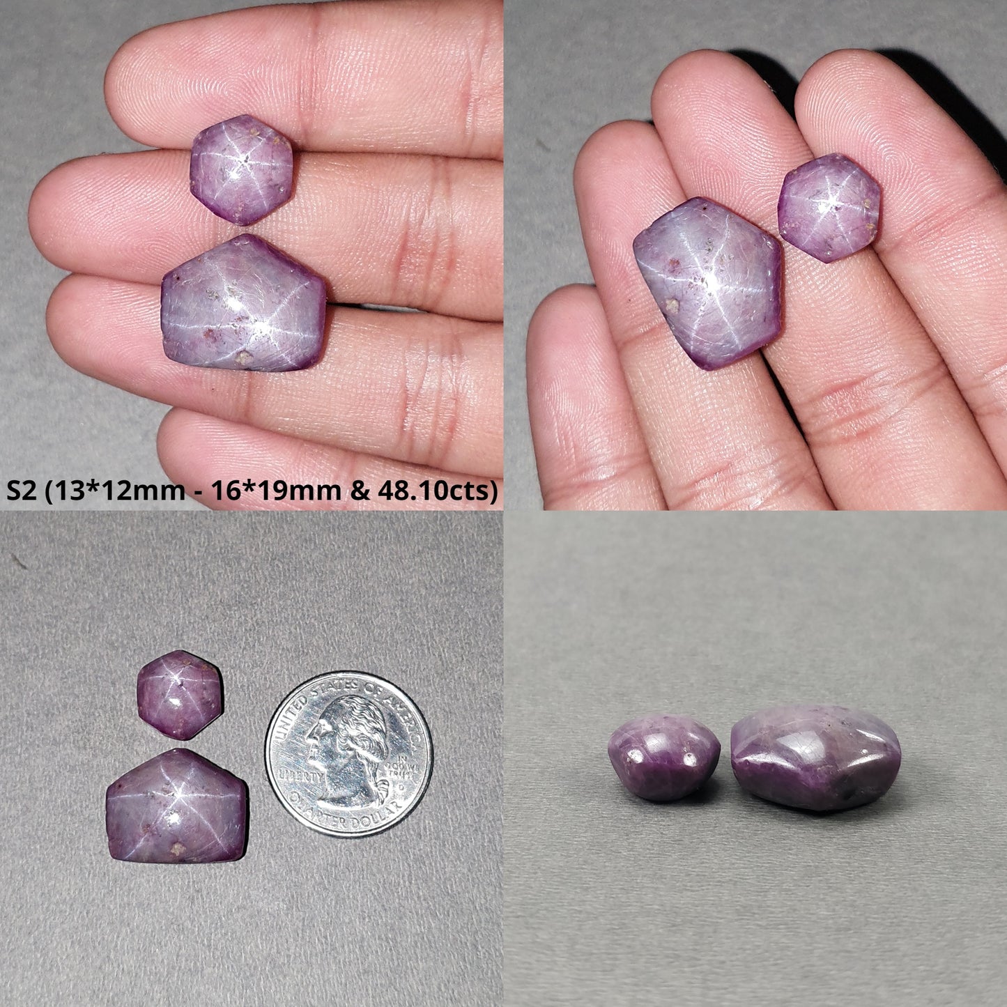 Johnson Star Ruby Gemstone Cabochon : 43cts - 48cts Natural Untreated Unheated Red 6Ray Star Ruby Hexagon Shape 2Pcs Sets
