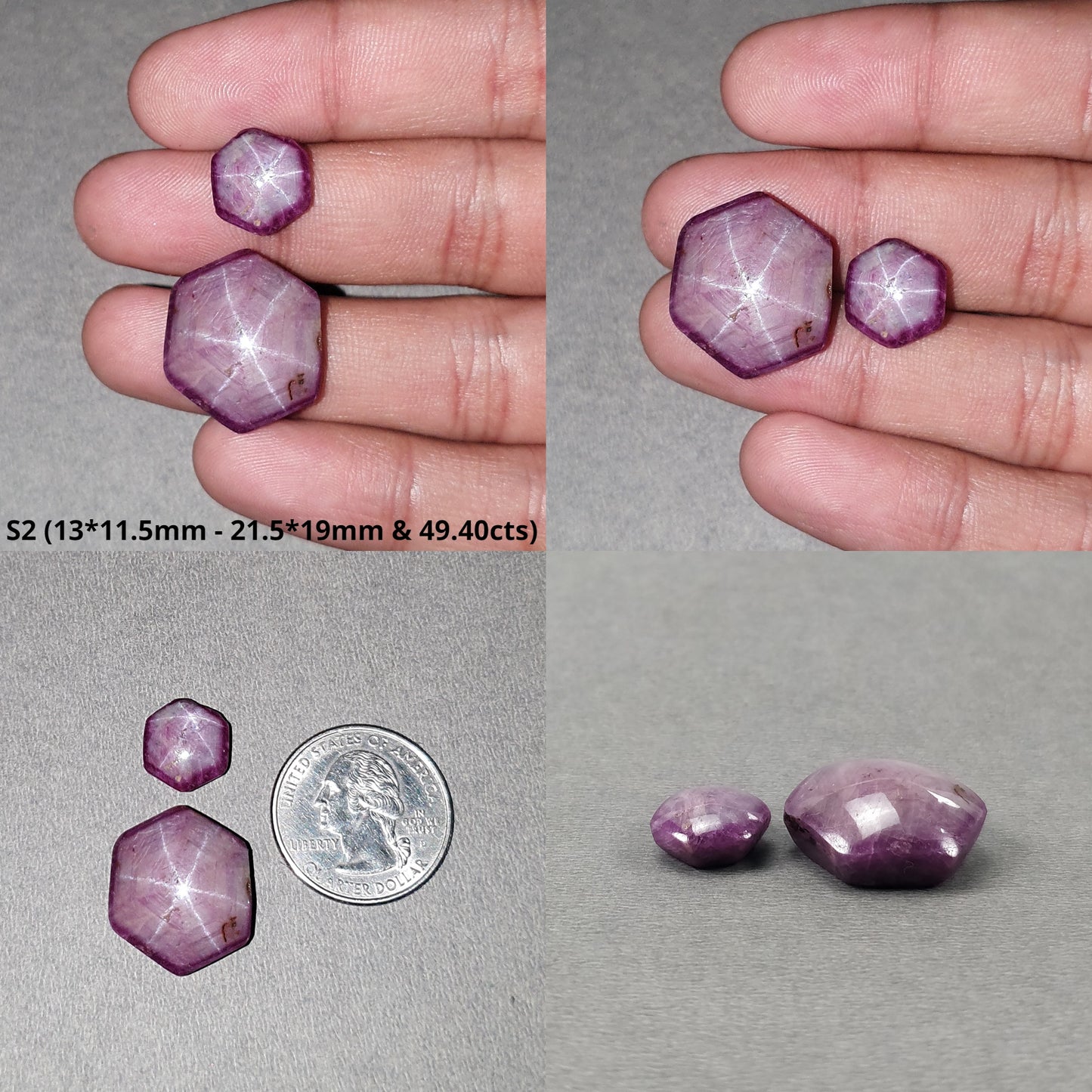 Johnson Star Ruby Gemstone Cabochon : 47cts - 49cts Natural Untreated Unheated Red 6Ray Star Ruby Hexagon Shape 2Pcs Sets