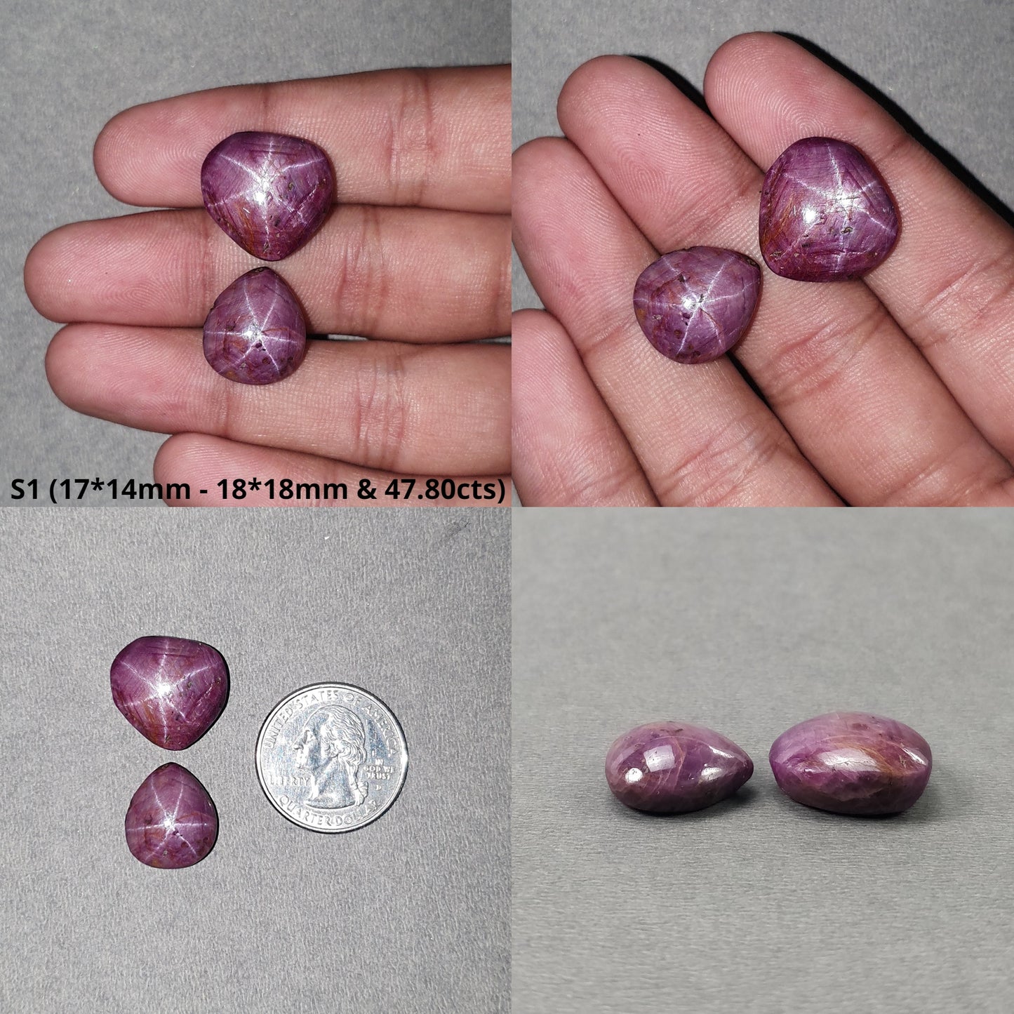 Johnson Star Ruby Gemstone Cabochon : 47cts - 49cts Natural Untreated Unheated Red 6Ray Star Ruby Hexagon Shape 2Pcs Sets