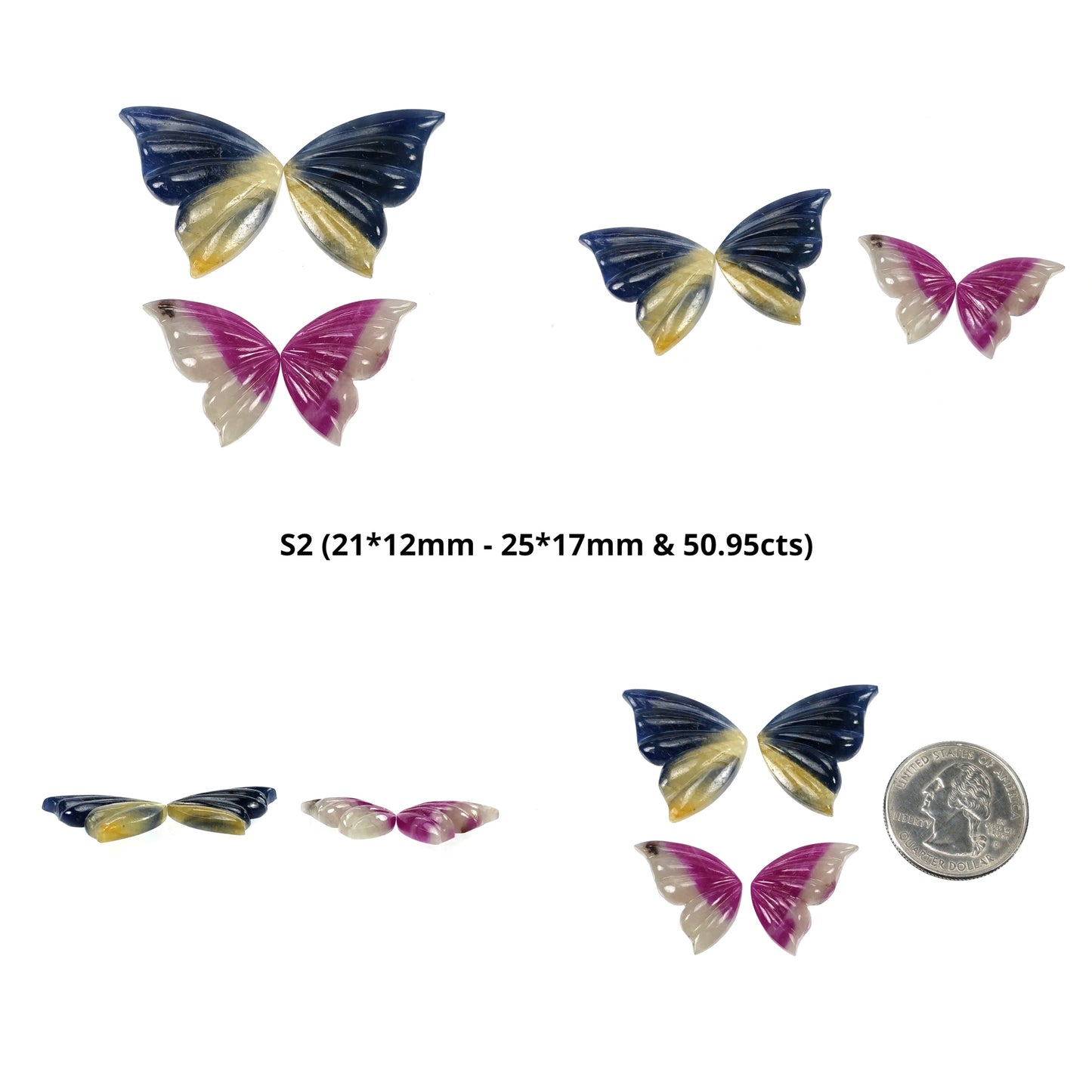 MULTI SAPPHIRE Gemstone Carving : Natural Untreated Bi-Color Sapphire Hand Carved Butterfly 2pairs Set
