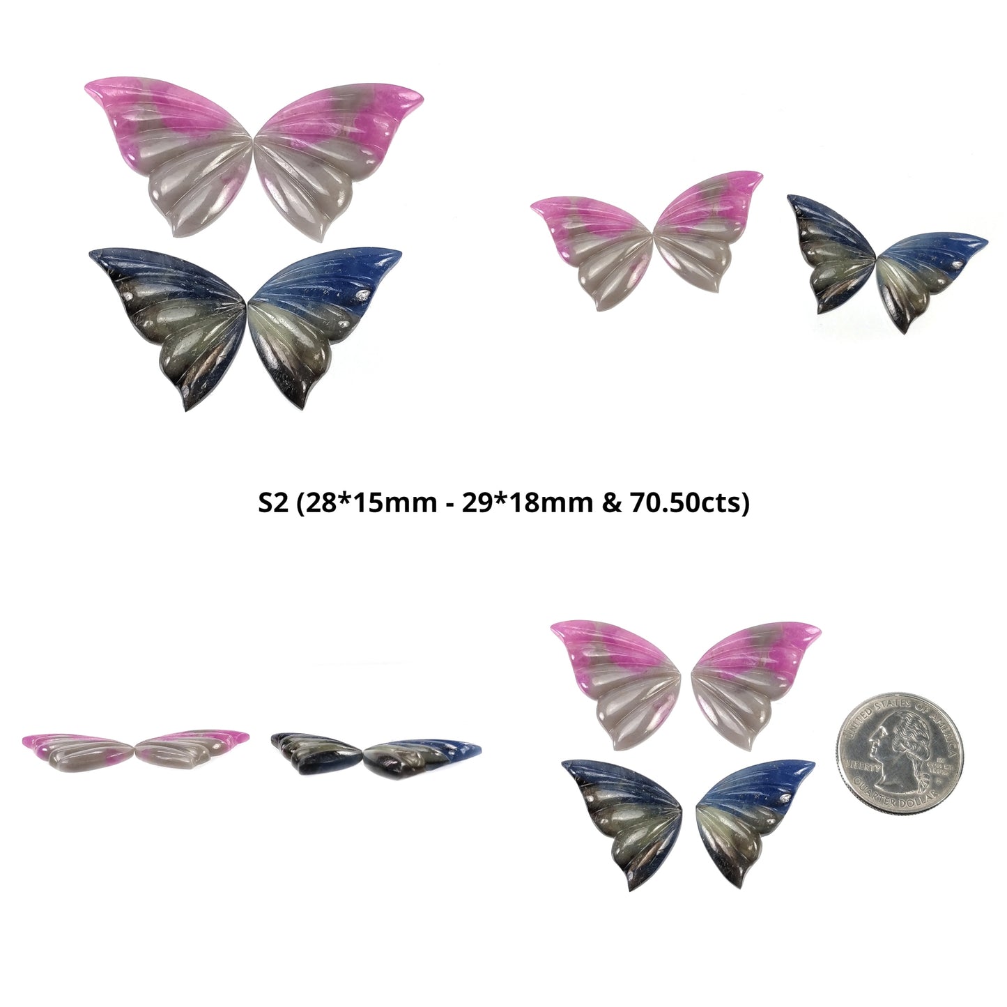 MULTI SAPPHIRE Gemstone Carving : Natural Untreated Bi-Color Sapphire Hand Carved Butterfly 2pairs Set