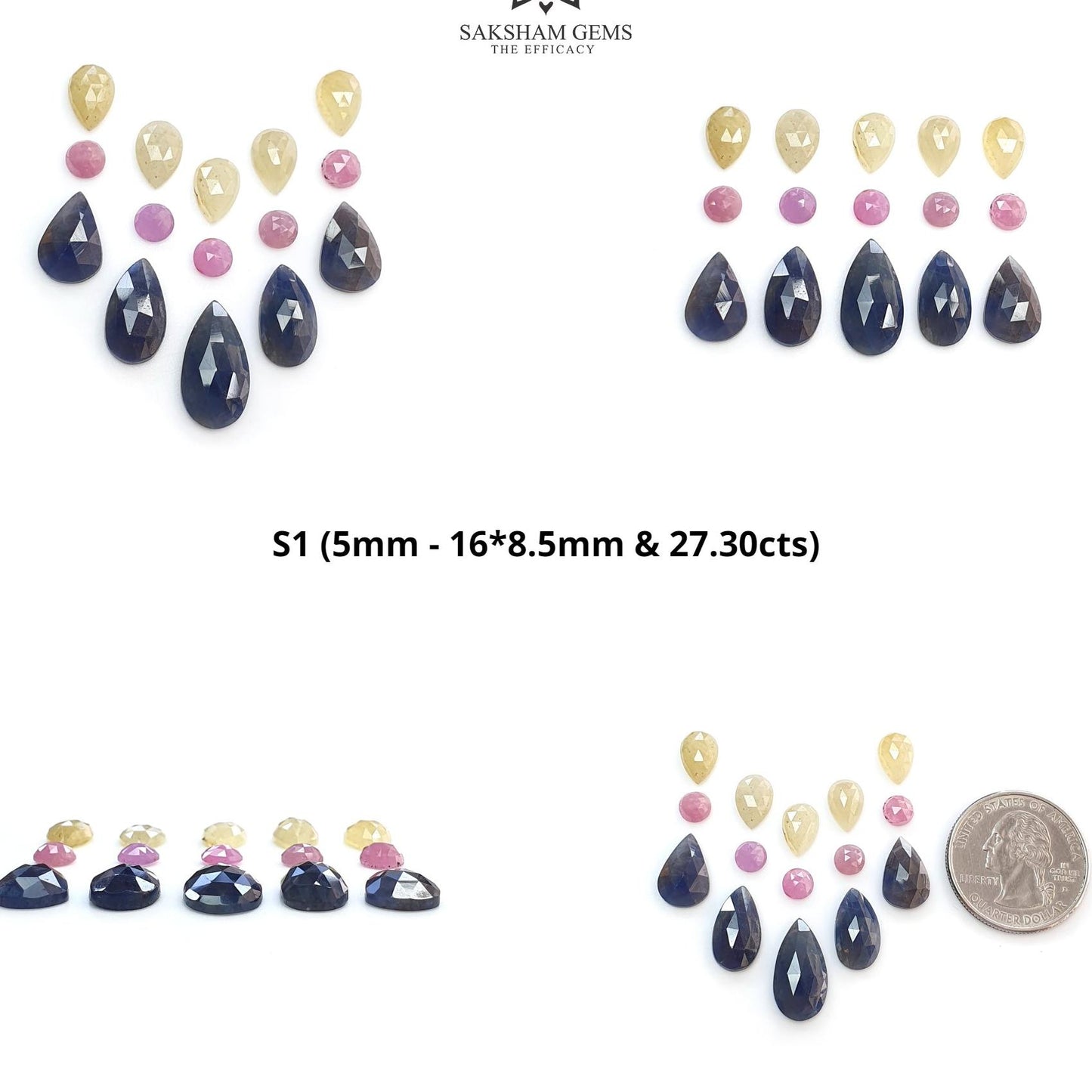 Blue & Pink Yellow Sapphire Gemstone Rose Cut : Natural Untreated Unheated Sapphire Pear Round Shape 15pcs Sets