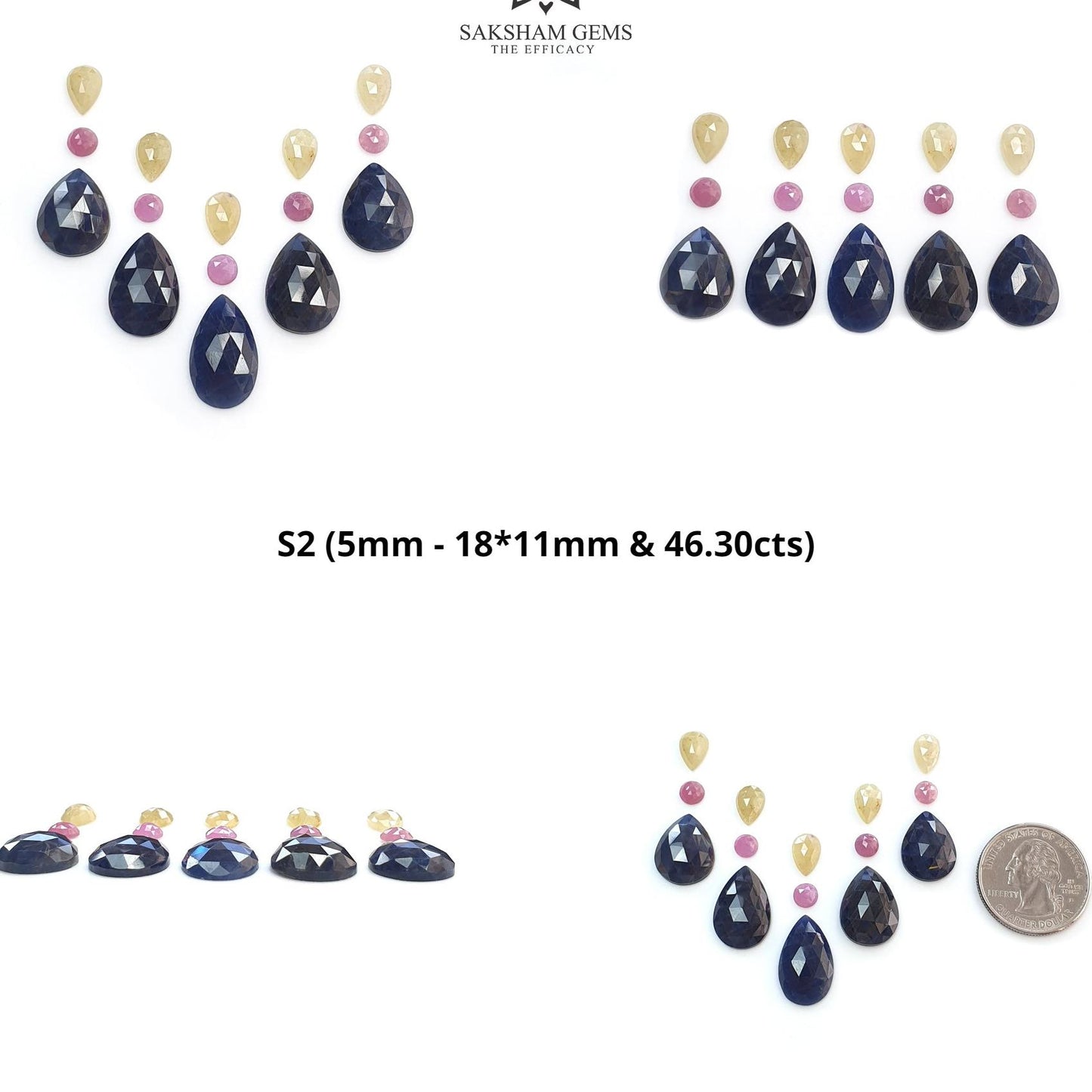Blue & Pink Yellow Sapphire Gemstone Rose Cut : Natural Untreated Unheated Sapphire Pear Round Shape 15pcs Sets