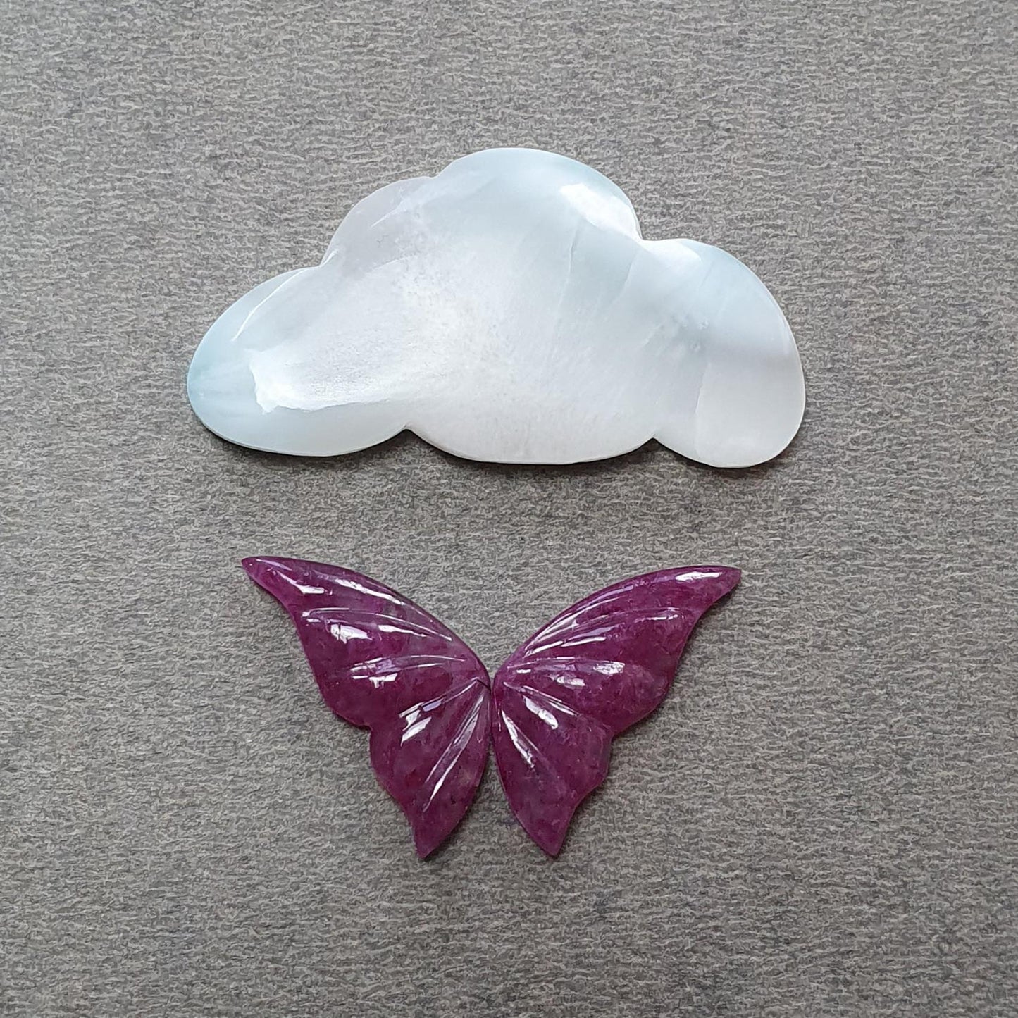 RUBY & LARIMAR Gemstone Carving : Natural Untreated Blue Larimar Red Ruby Hand Carved Butterfly, Cloud 3pcs, 4pcs Set