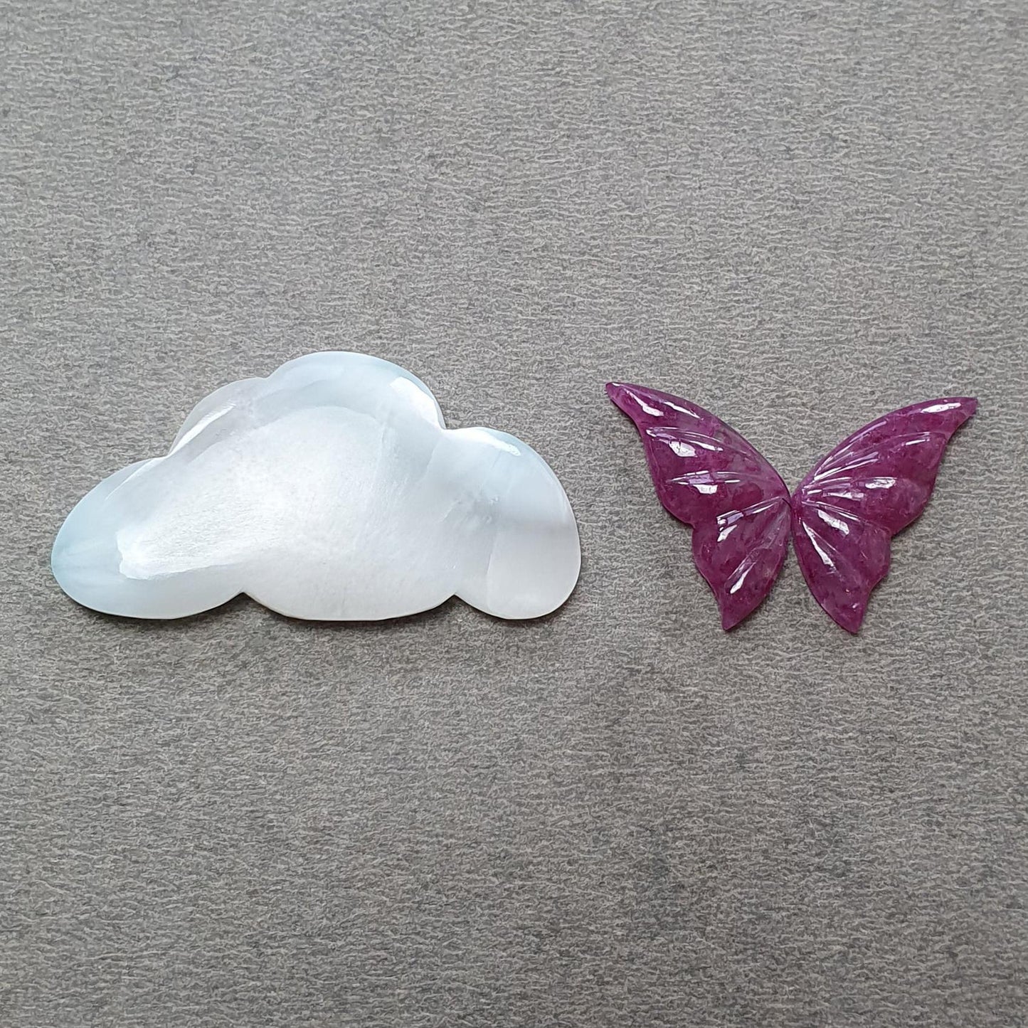 RUBY & LARIMAR Gemstone Carving : Natural Untreated Blue Larimar Red Ruby Hand Carved Butterfly, Cloud 3pcs, 4pcs Set