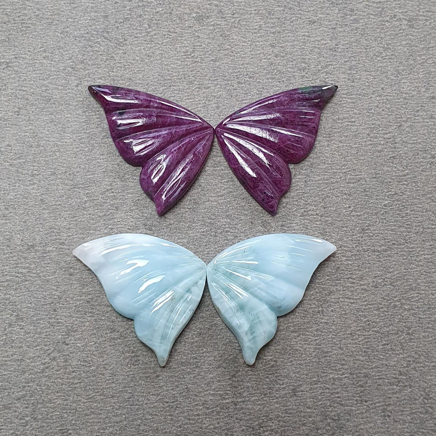 RUBY & LARIMAR Gemstone Carving : Natural Untreated Blue Larimar Red Ruby Hand Carved Butterfly 4pcs Set