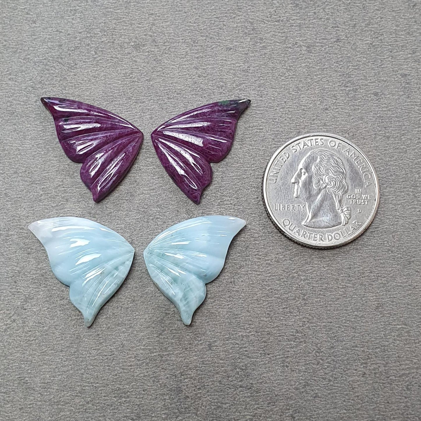 RUBY & LARIMAR Gemstone Carving : Natural Untreated Blue Larimar Red Ruby Hand Carved Butterfly 4pcs Set