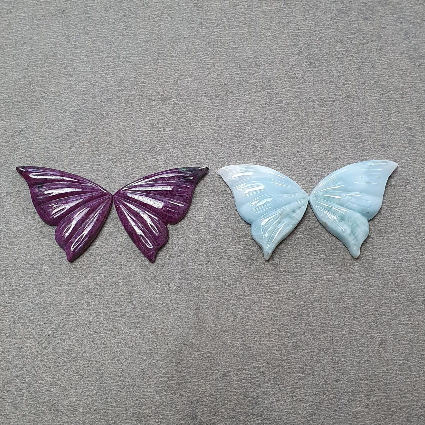 RUBY & LARIMAR Gemstone Carving : Natural Untreated Blue Larimar Red Ruby Hand Carved Butterfly 4pcs Set