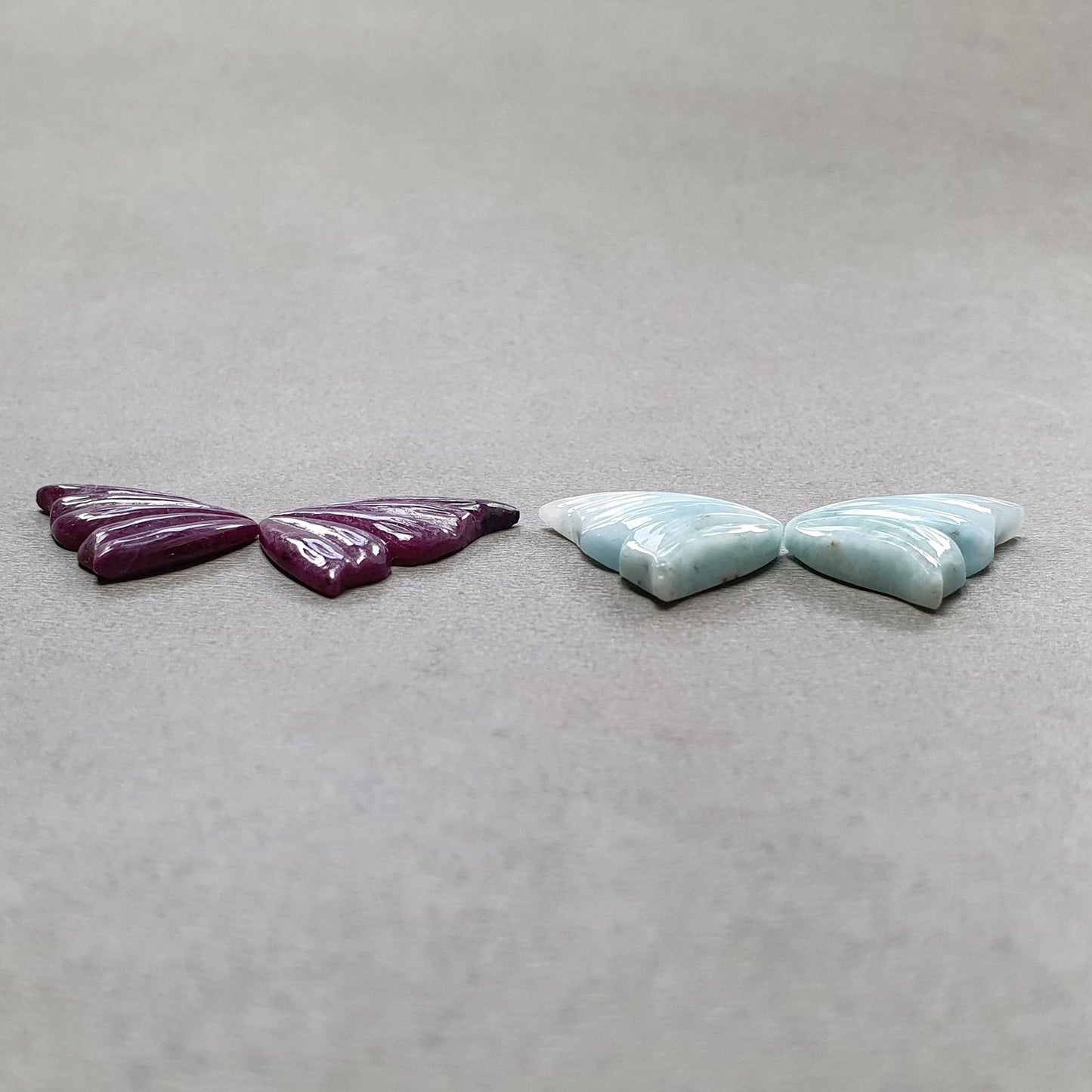 RUBY & LARIMAR Gemstone Carving : Natural Untreated Blue Larimar Red Ruby Hand Carved Butterfly 4pcs Set