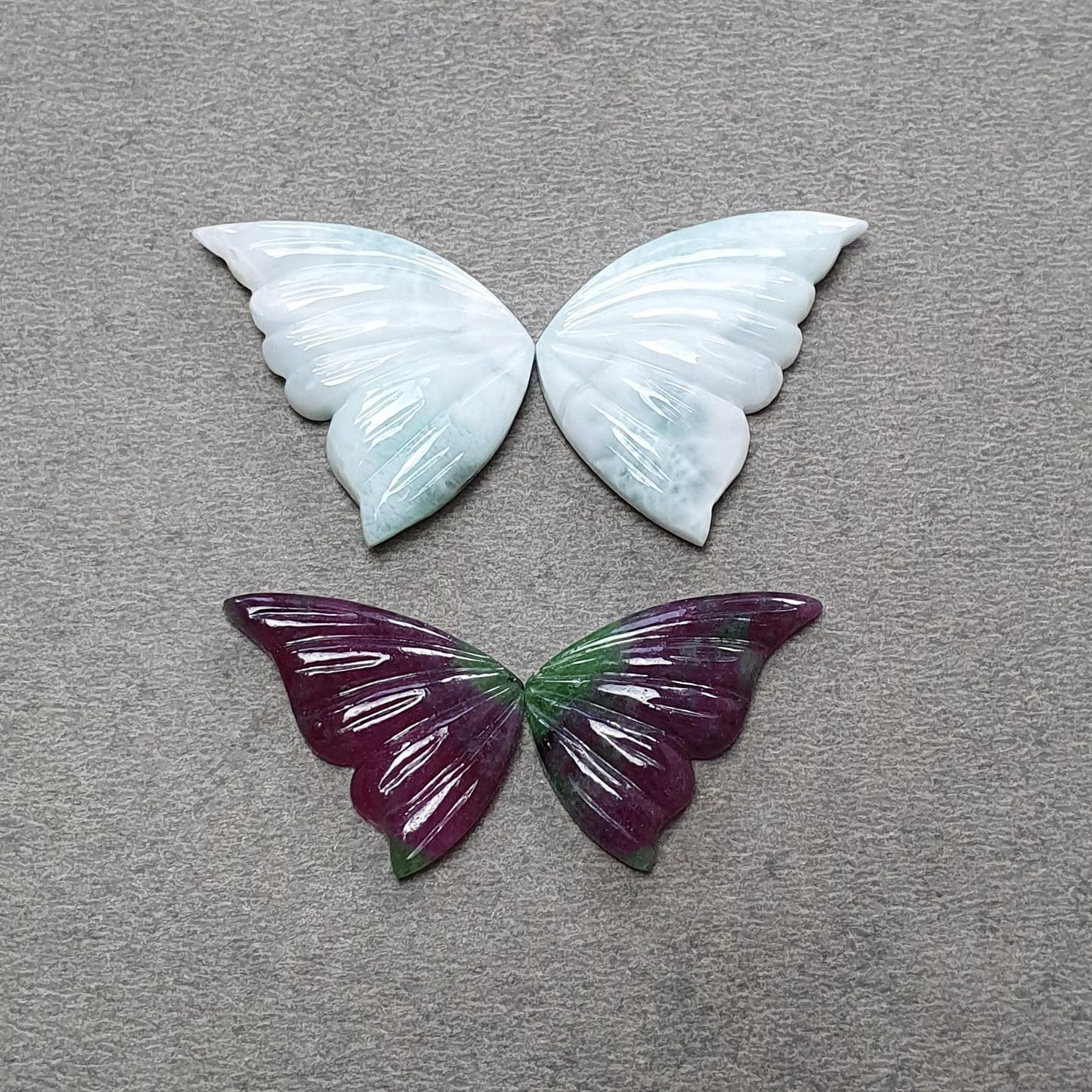 RUBY & LARIMAR Gemstone Carving : Natural Untreated Blue Larimar Red Ruby Hand Carved Butterfly 4pcs Set