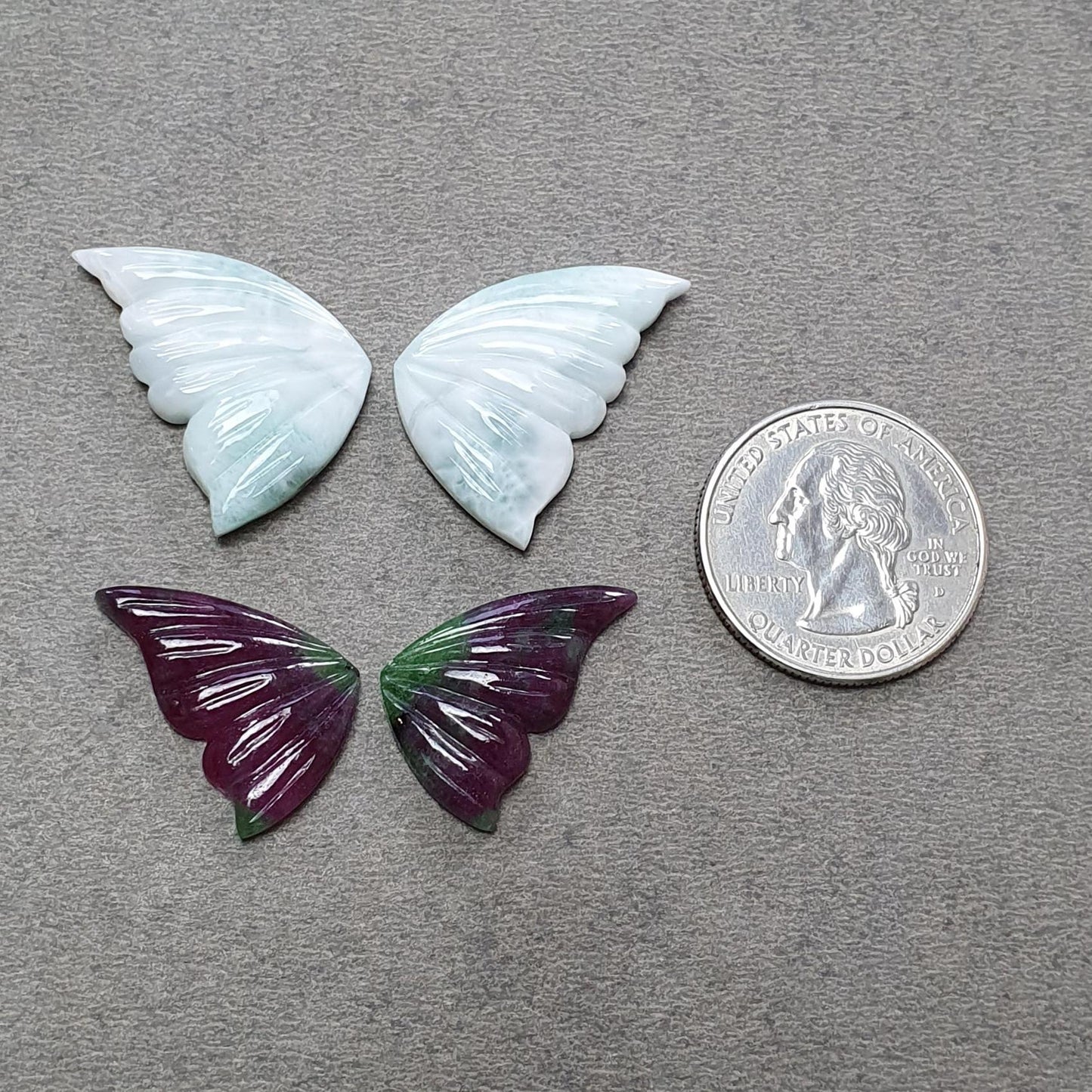 RUBY & LARIMAR Gemstone Carving : Natural Untreated Blue Larimar Red Ruby Hand Carved Butterfly 4pcs Set