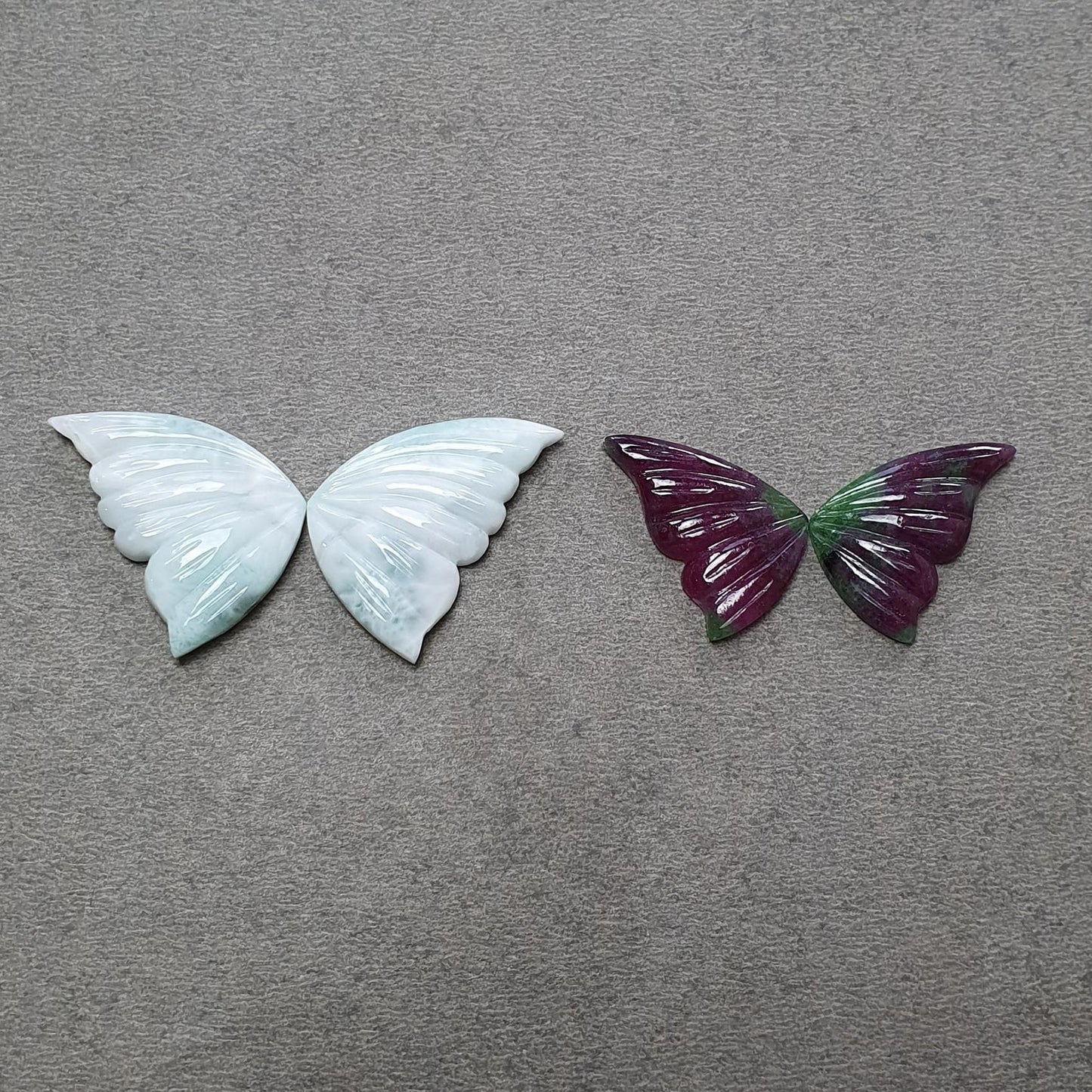 RUBY & LARIMAR Gemstone Carving : Natural Untreated Blue Larimar Red Ruby Hand Carved Butterfly 4pcs Set