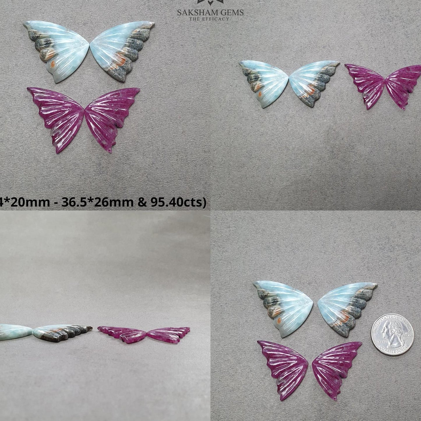 RUBY & LARIMAR Gemstone Carving : Natural Untreated Blue Larimar Red Ruby Hand Carved Butterfly 4pcs Set