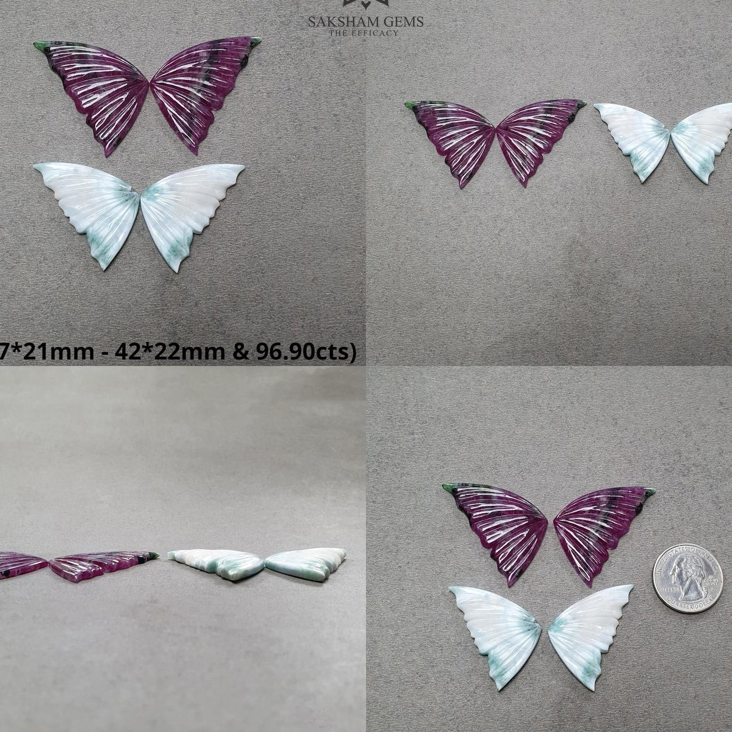 RUBY & LARIMAR Gemstone Carving : Natural Untreated Blue Larimar Red Ruby Hand Carved Butterfly 4pcs Set