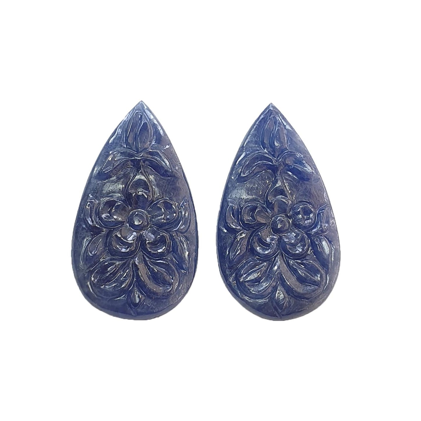 Blue Sapphire Gemstone Carving : 38.50cts Natural Untreated Unheated Blue Sapphire Hand Carved Pear Shape 31*16mm Pair