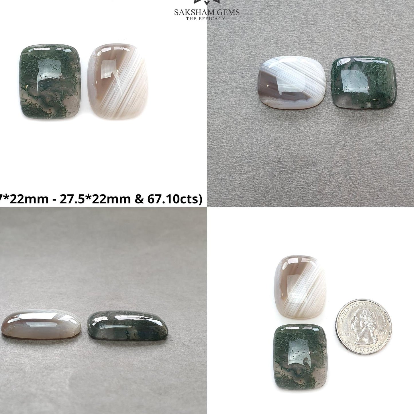 Botswana And Moss Agate Labradorite Gemstone Cabochon : Natural Untreated Bi-Color Agate Cushion Round Shape 2pcs Set