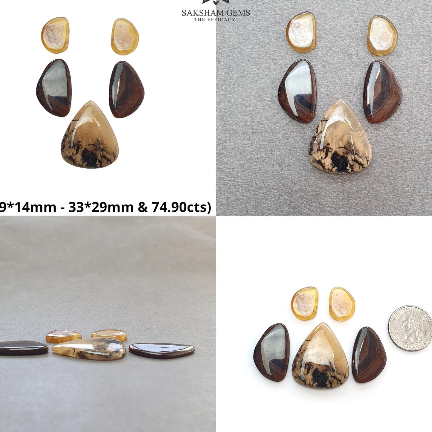 Tiger Dendrite & Botswana Agate Gemstone Cabochon : Natural Untreated Bi-Color Agate Triangle Uneven Shape 5pcs Set