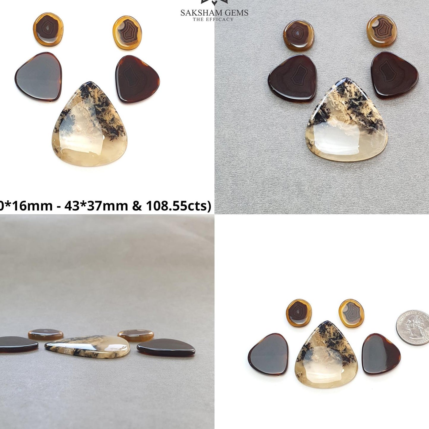Tiger Dendrite & Botswana Agate Gemstone Cabochon : Natural Untreated Bi-Color Agate Triangle Uneven Shape 5pcs Set