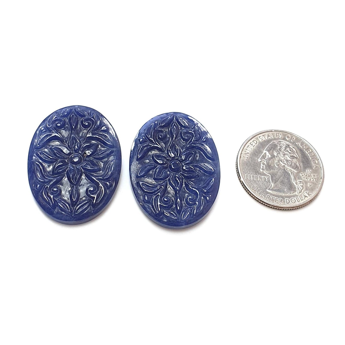 Blue Sapphire Gemstone Carving : 90.00cts Natural Untreated Unheated Sapphire Hand Carved Oval Shape 34*24mm Pair