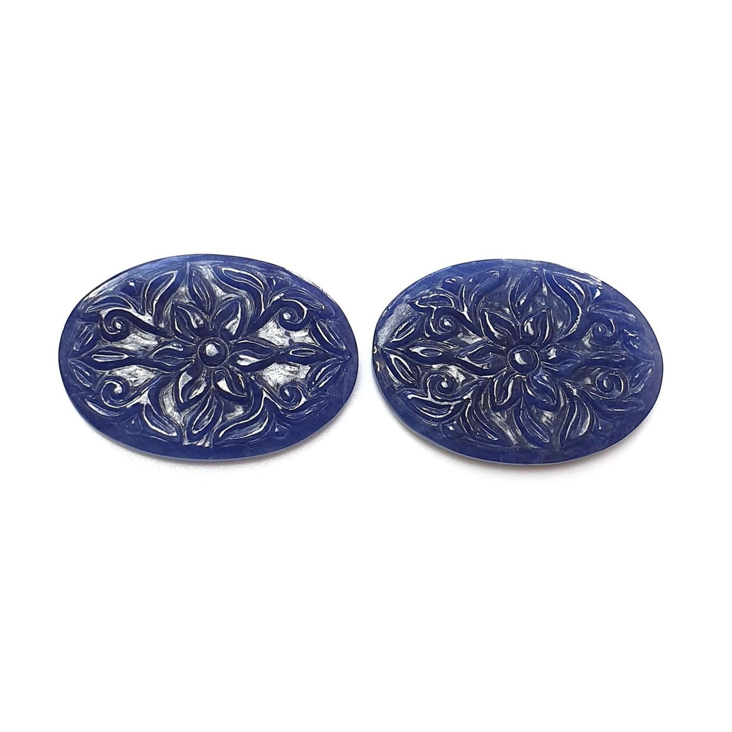 Blue Sapphire Gemstone Carving : 90.00cts Natural Untreated Unheated Sapphire Hand Carved Oval Shape 34*24mm Pair