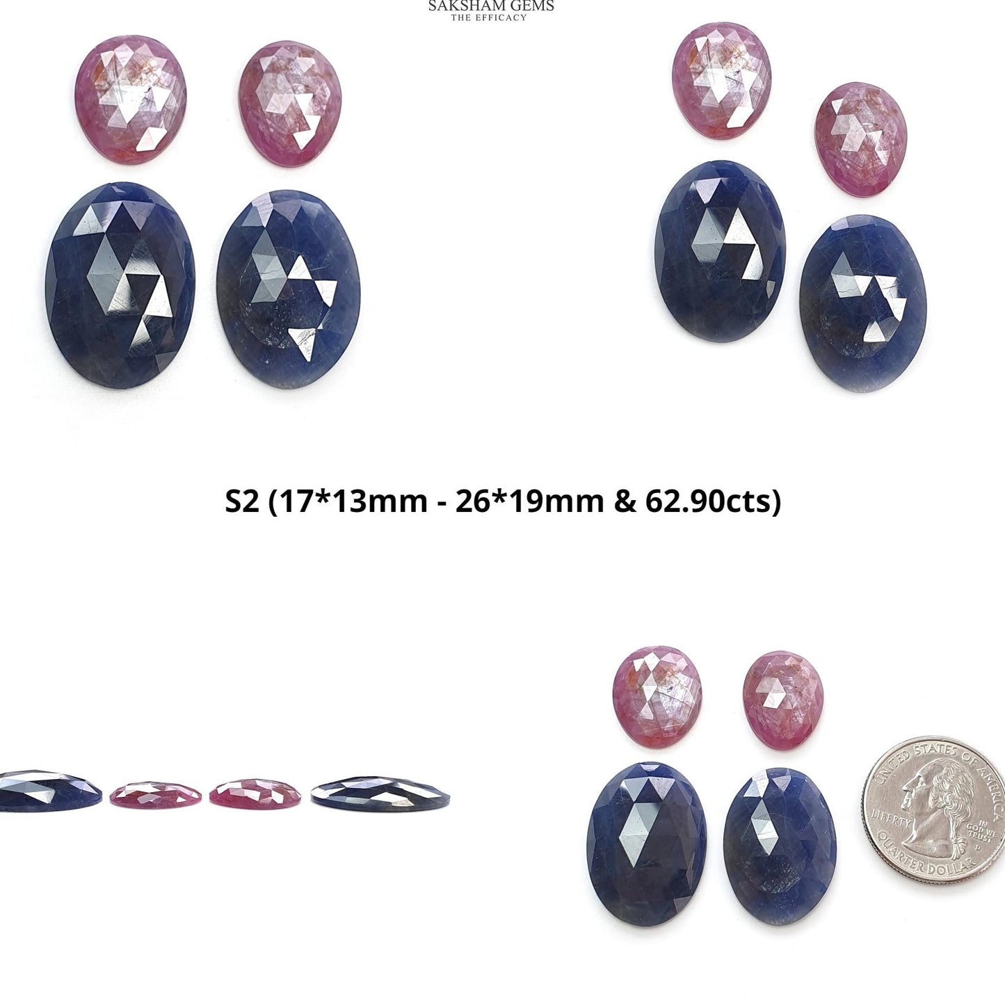 Ruby & Blue Sapphire Gemstone Rose Cut : Natural Untreated Unheated Ruby Sapphire Oval Cushion And Pear Shape 4pcs Sets