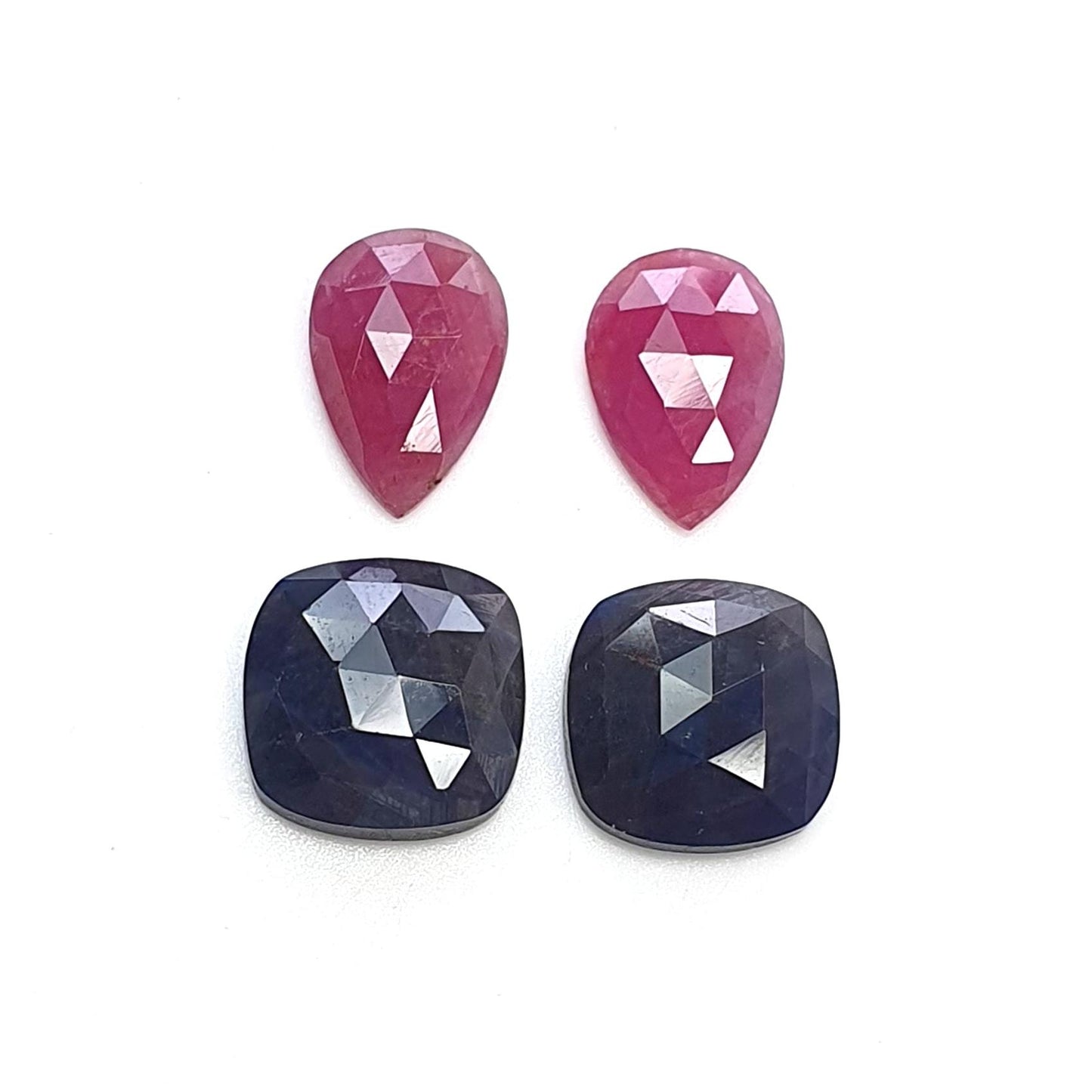 Ruby & Blue Sapphire Gemstone Rose Cut : Natural Untreated Unheated Ruby Sapphire Oval Cushion And Pear Shape 4pcs Sets