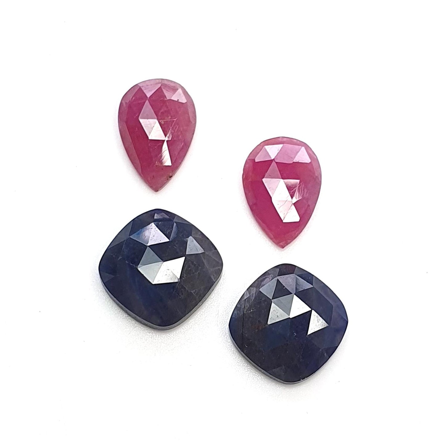 Ruby & Blue Sapphire Gemstone Rose Cut : Natural Untreated Unheated Ruby Sapphire Oval Cushion And Pear Shape 4pcs Sets