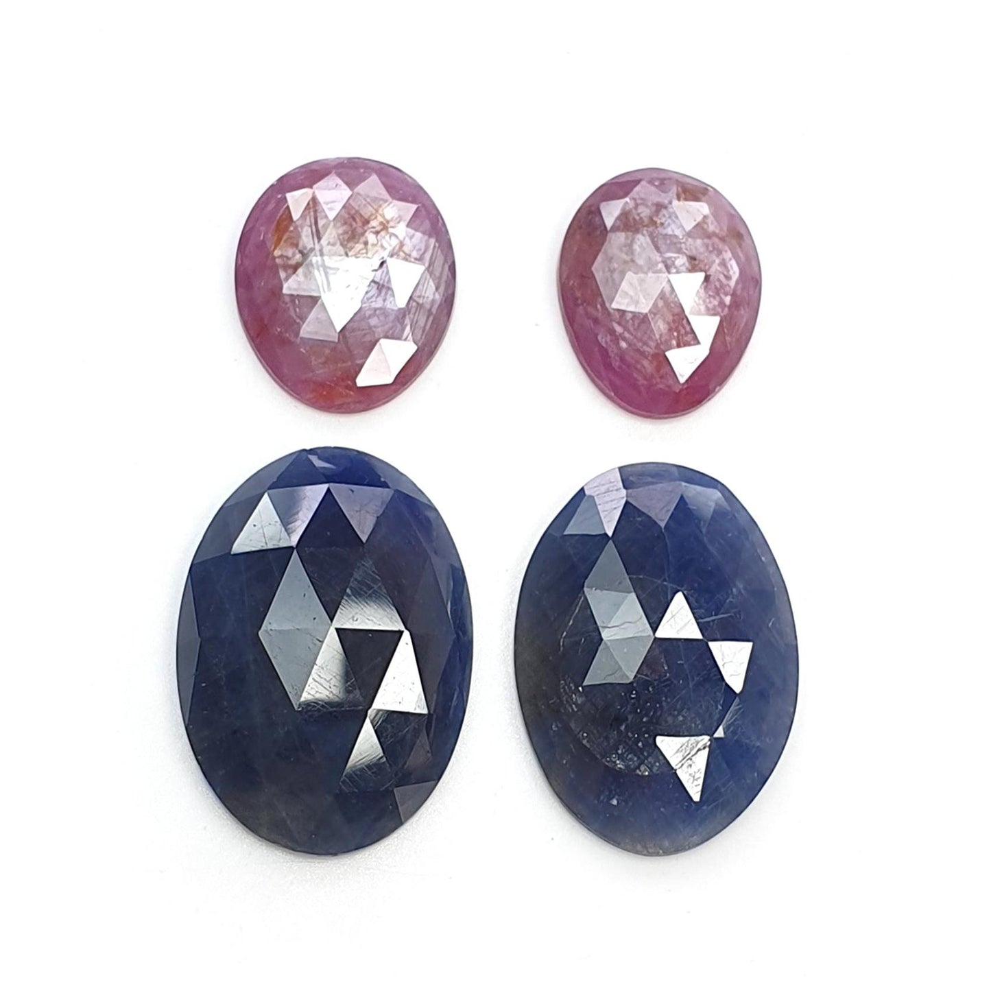 Ruby & Blue Sapphire Gemstone Rose Cut : Natural Untreated Unheated Ruby Sapphire Oval Cushion And Pear Shape 4pcs Sets
