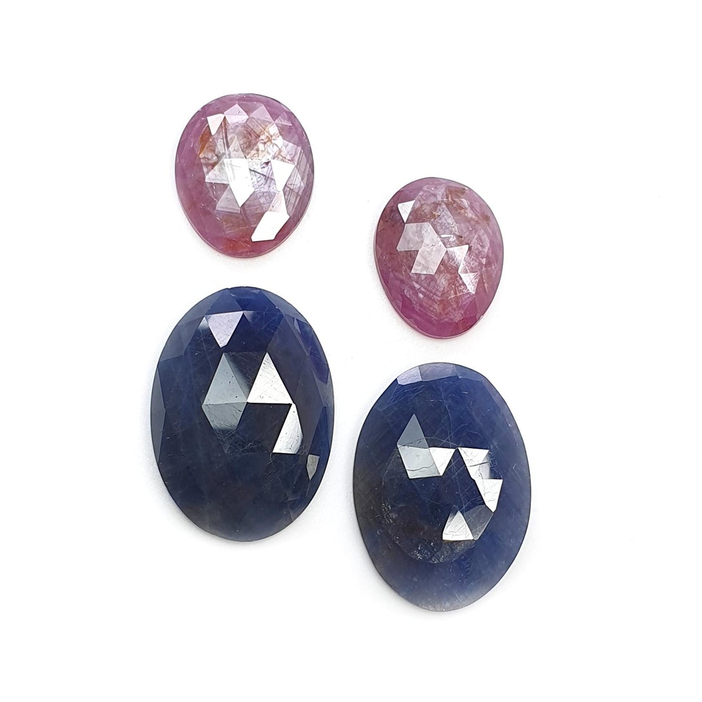 Ruby & Blue Sapphire Gemstone Rose Cut : Natural Untreated Unheated Ruby Sapphire Oval Cushion And Pear Shape 4pcs Sets