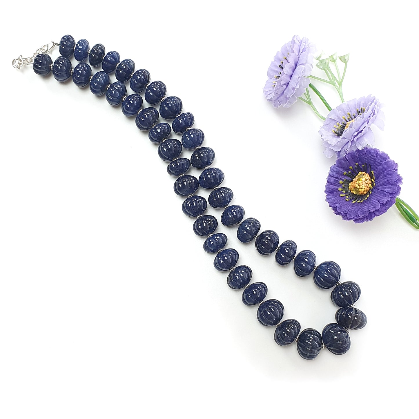 Blue Sapphire Gemstone Melon Beads Necklace : 1156.50cts 925 Sterling Silver Natural Sapphire Hand Carved Rondelle Melon Beads 11mm-20mm 20"