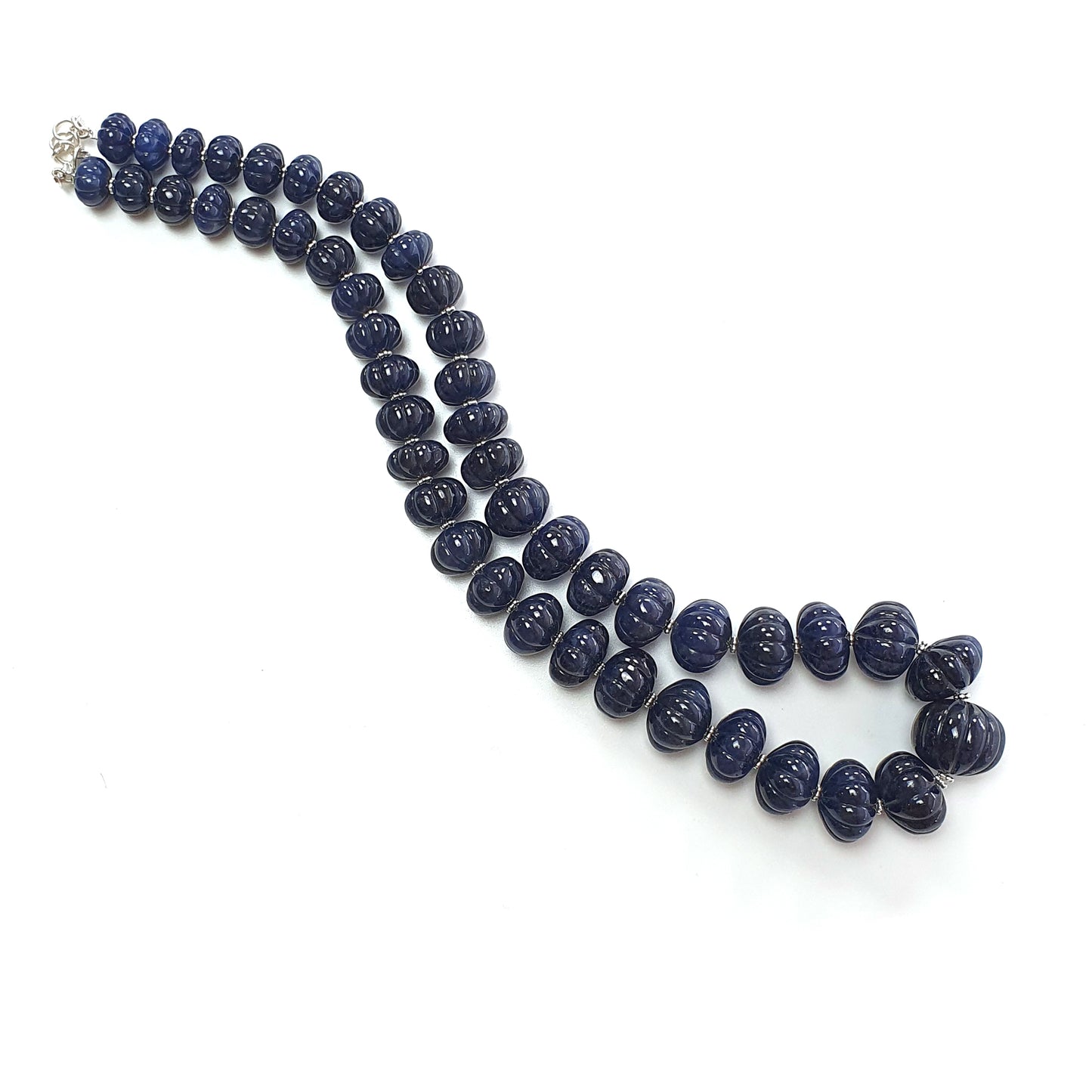 Blue Sapphire Gemstone Melon Beads Necklace : 1156.50cts 925 Sterling Silver Natural Sapphire Hand Carved Rondelle Melon Beads 11mm-20mm 20"