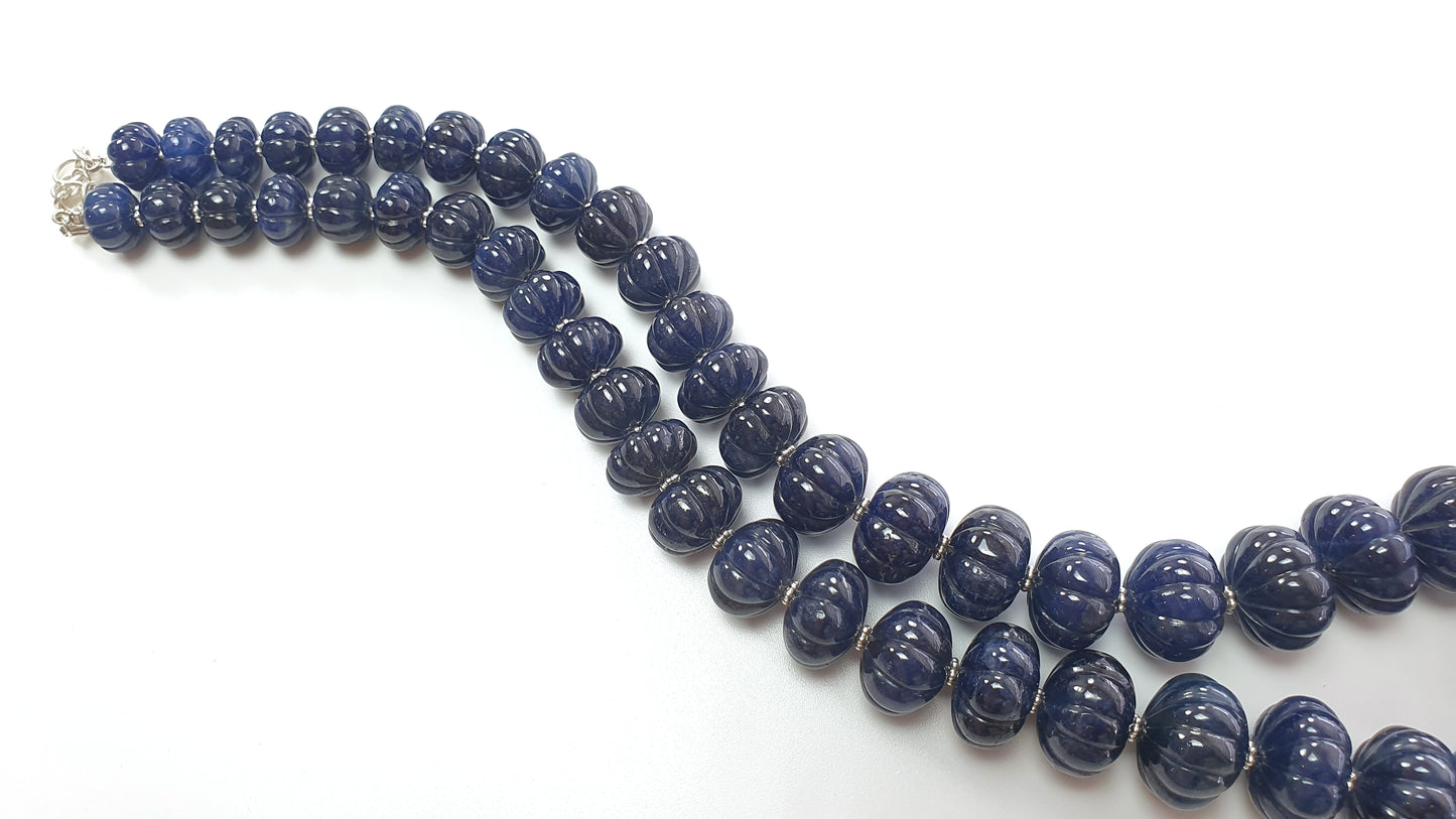 Blue Sapphire Gemstone Melon Beads Necklace : 1156.50cts 925 Sterling Silver Natural Sapphire Hand Carved Rondelle Melon Beads 11mm-20mm 20"