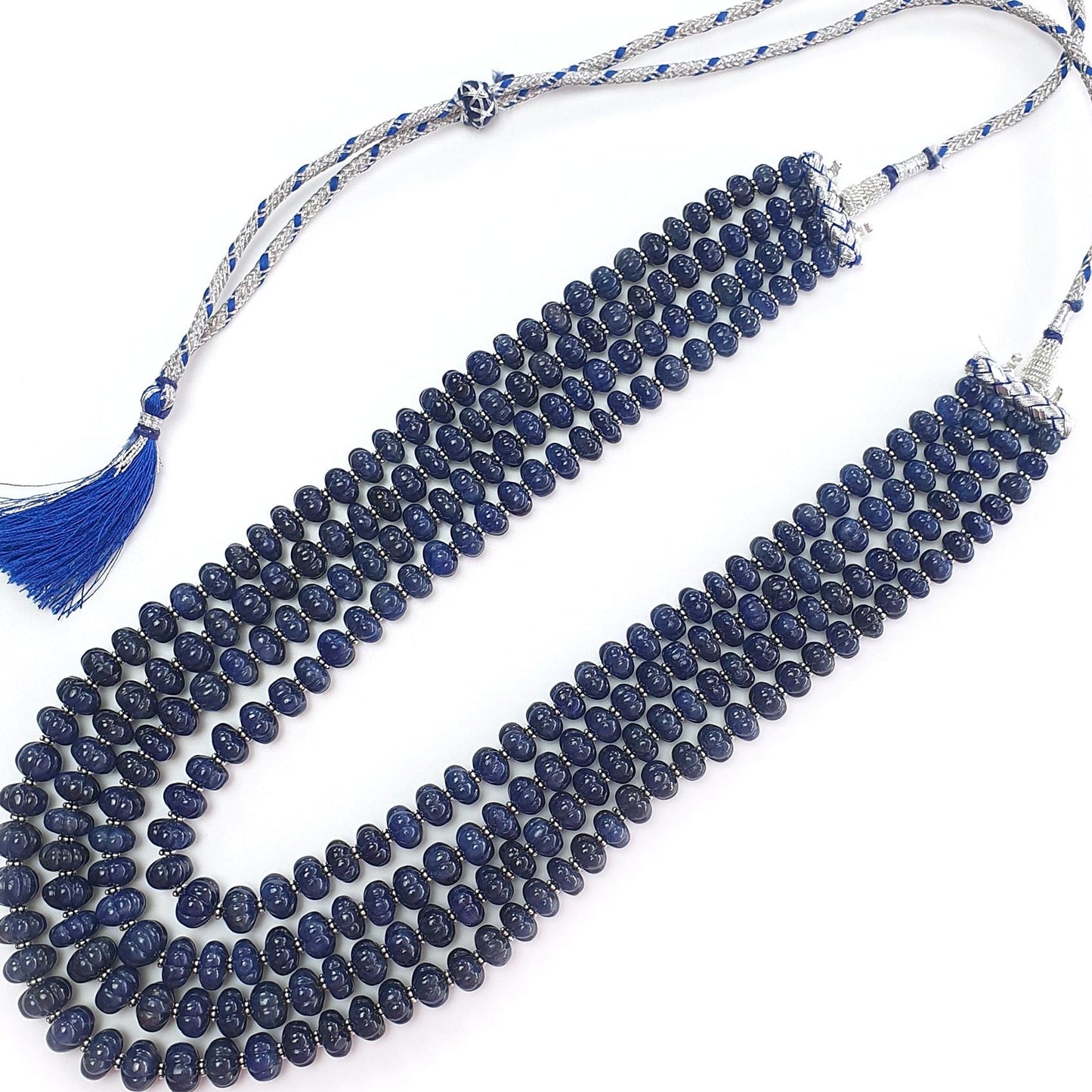 Blue Sapphire Gemstone Melon Beads Necklace : 1456.60cts Natural Sapphire Hand Carved Rondelle Melon Beads 7mm-11mm 16 "- 21"