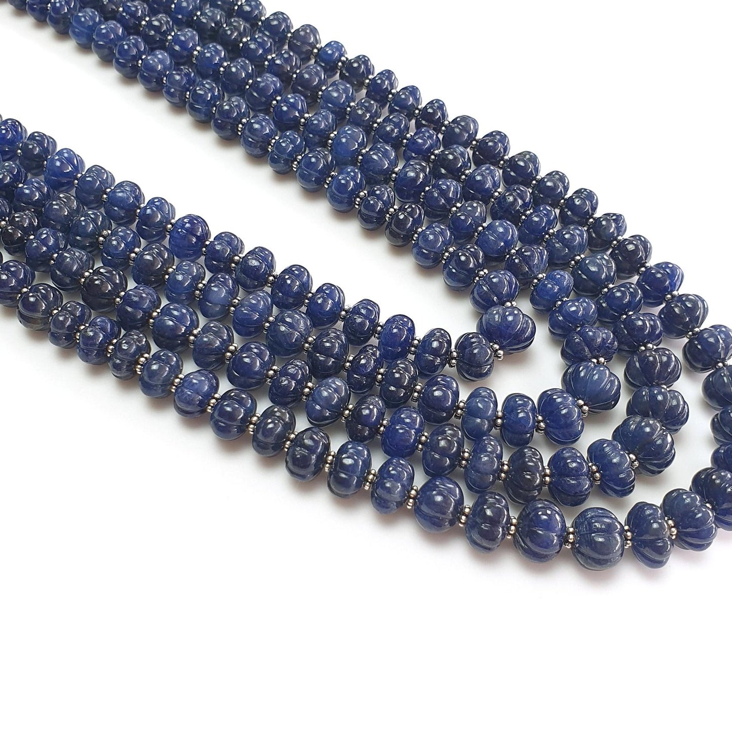 Blue Sapphire Gemstone Melon Beads Necklace : 1456.60cts Natural Sapphire Hand Carved Rondelle Melon Beads 7mm-11mm 16 "- 21"
