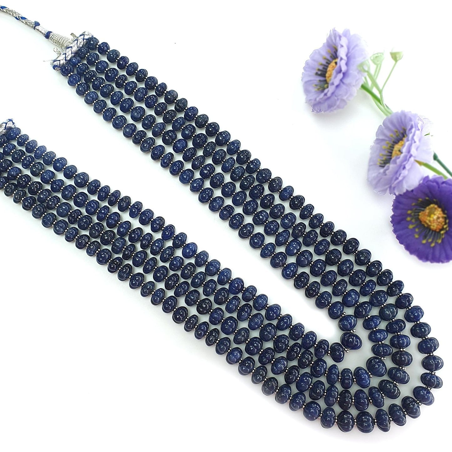 Blue Sapphire Gemstone Melon Beads Necklace : 1456.60cts Natural Sapphire Hand Carved Rondelle Melon Beads 7mm-11mm 16 "- 21"