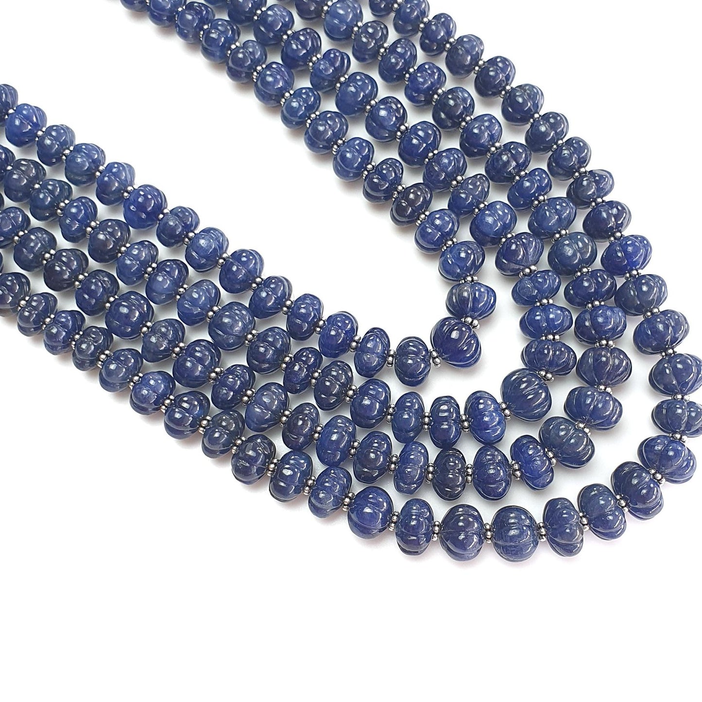 Blue Sapphire Gemstone Melon Beads Necklace : 1456.60cts Natural Sapphire Hand Carved Rondelle Melon Beads 7mm-11mm 16 "- 21"