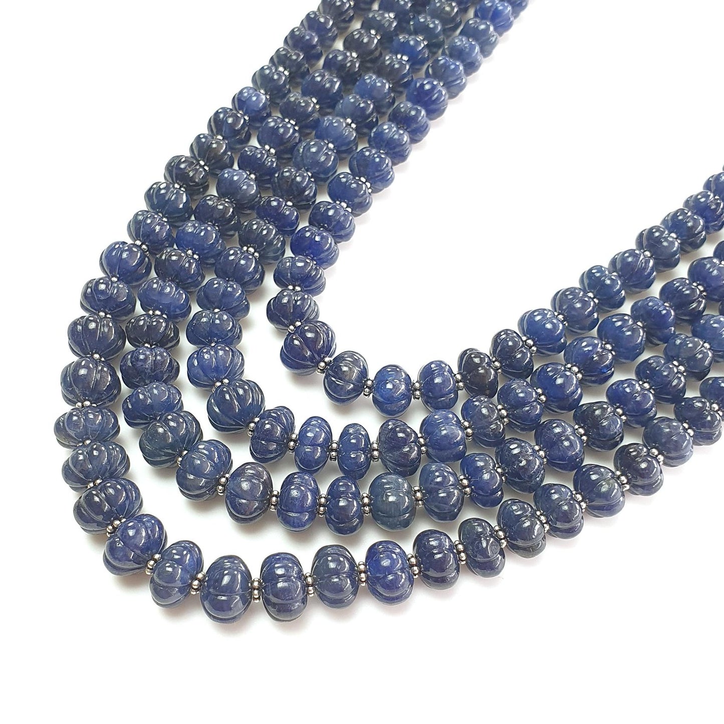 Blue Sapphire Gemstone Melon Beads Necklace : 1456.60cts Natural Sapphire Hand Carved Rondelle Melon Beads 7mm-11mm 16 "- 21"